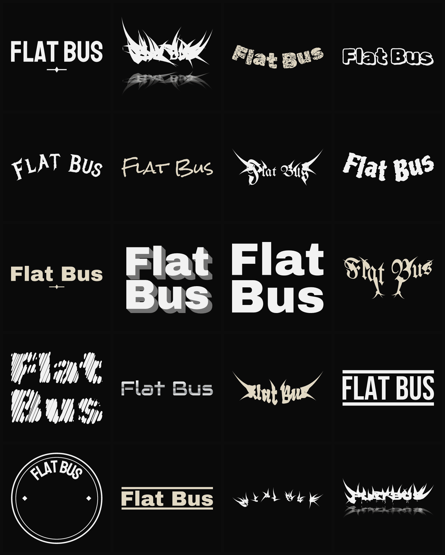 Twenty Flat Bus band logo ideas — different faces, treatments and spike settings