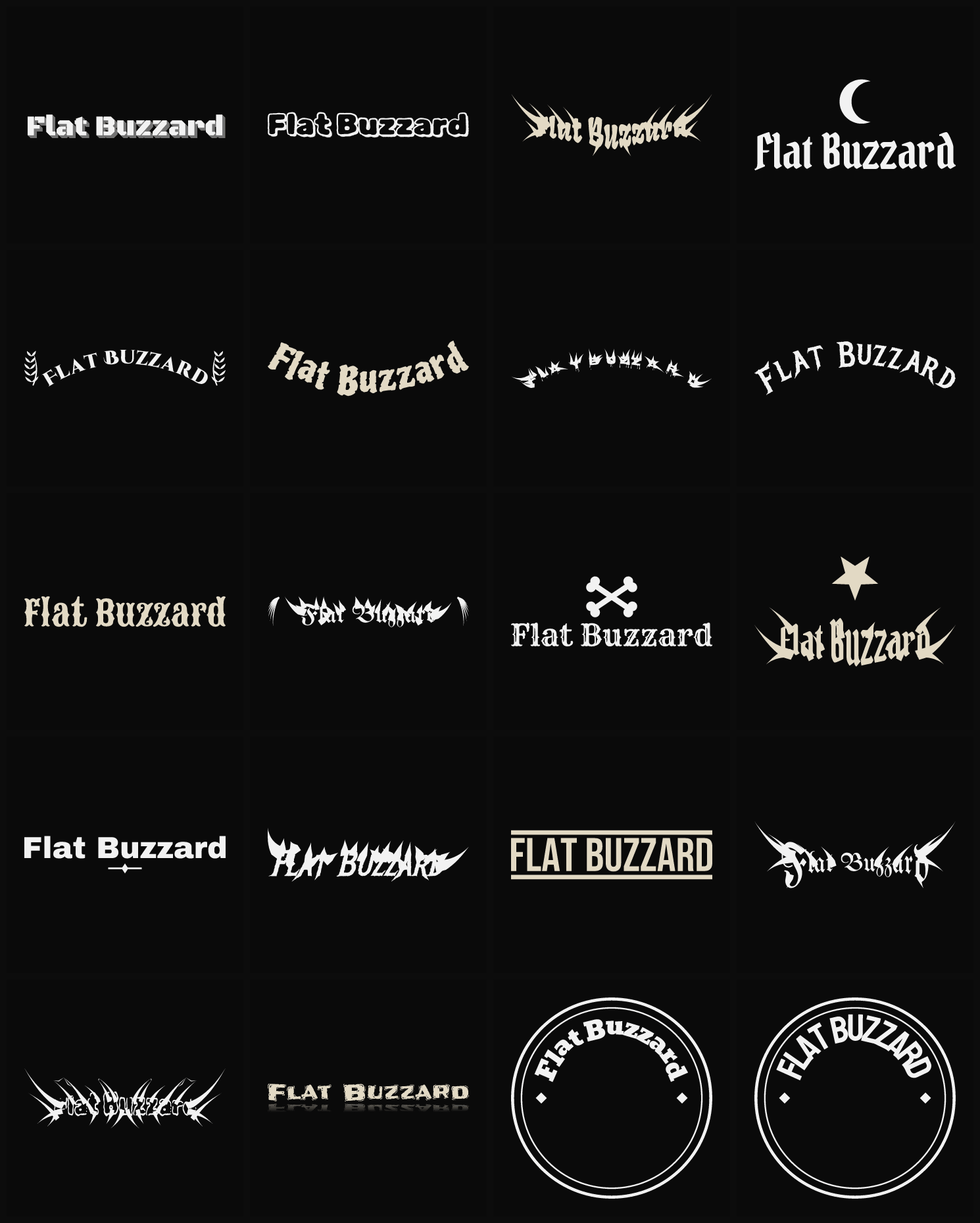 Twenty Flat Buzzard band logo ideas — different faces, treatments and spike settings