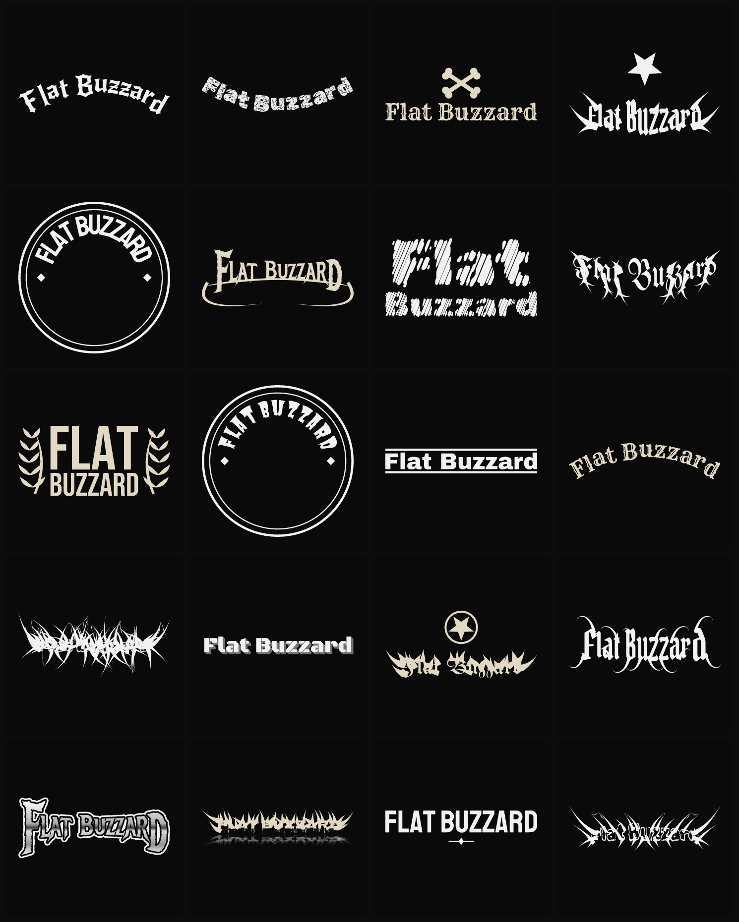 Twenty Flat Buzzard band logo ideas — different faces, treatments and spike settings