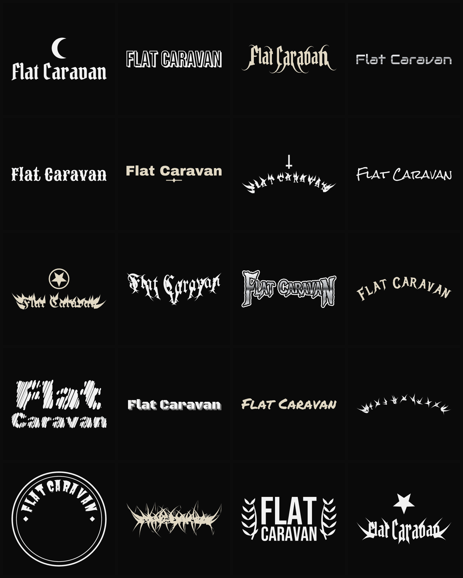 Twenty Flat Caravan band logo ideas — different faces, treatments and spike settings
