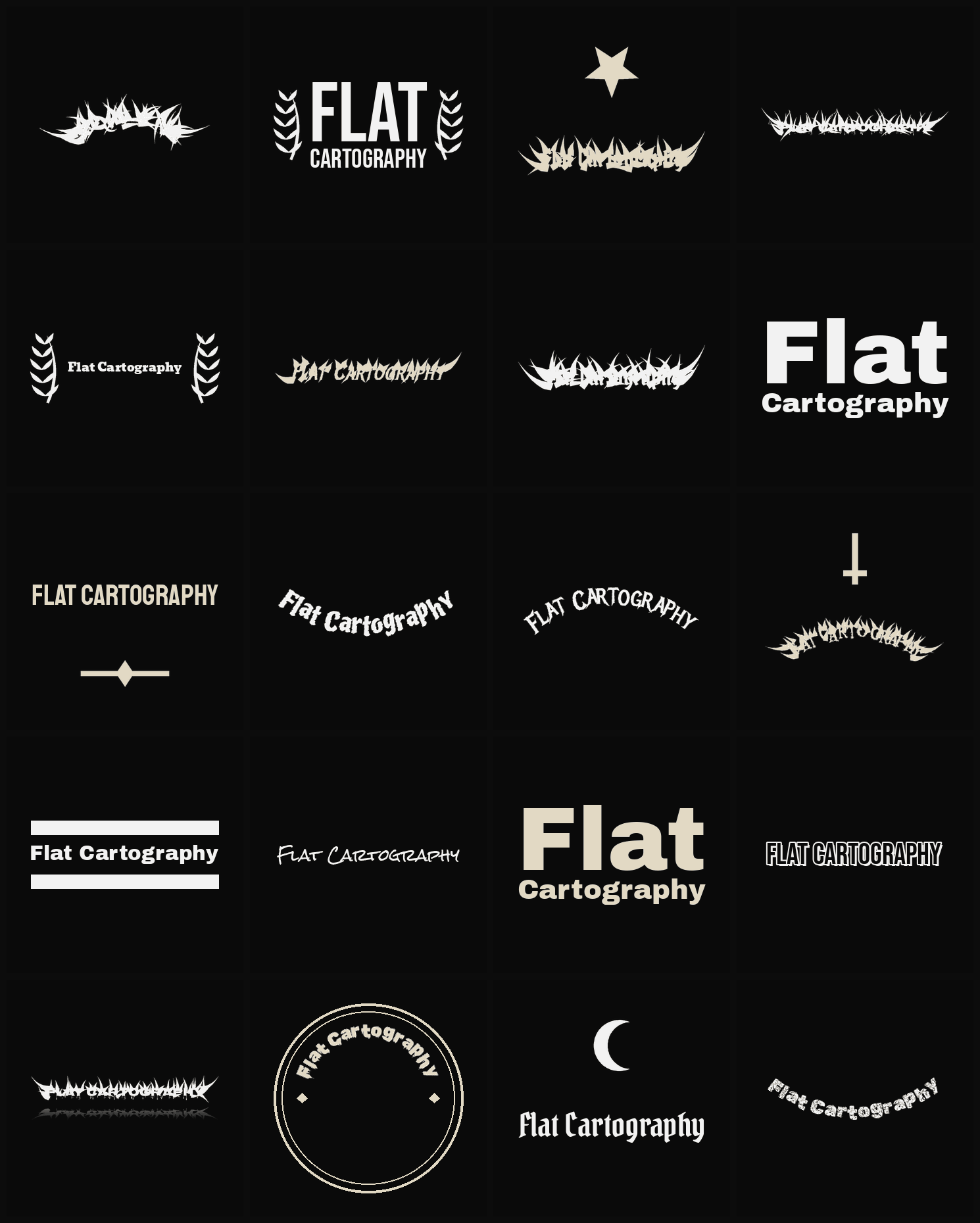 Twenty Flat Cartography band logo ideas — different faces, treatments and spike settings