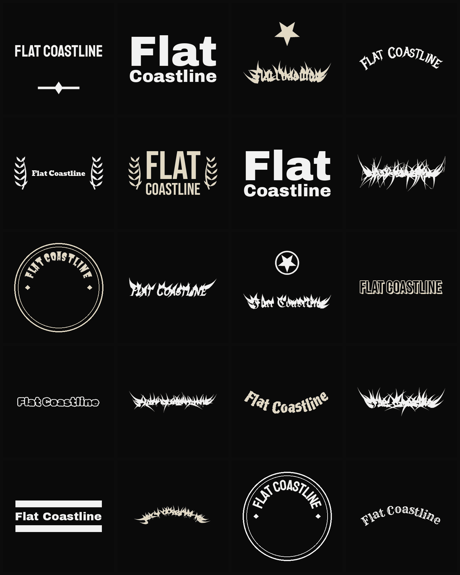 Twenty Flat Coastline band logo ideas — different faces, treatments and spike settings