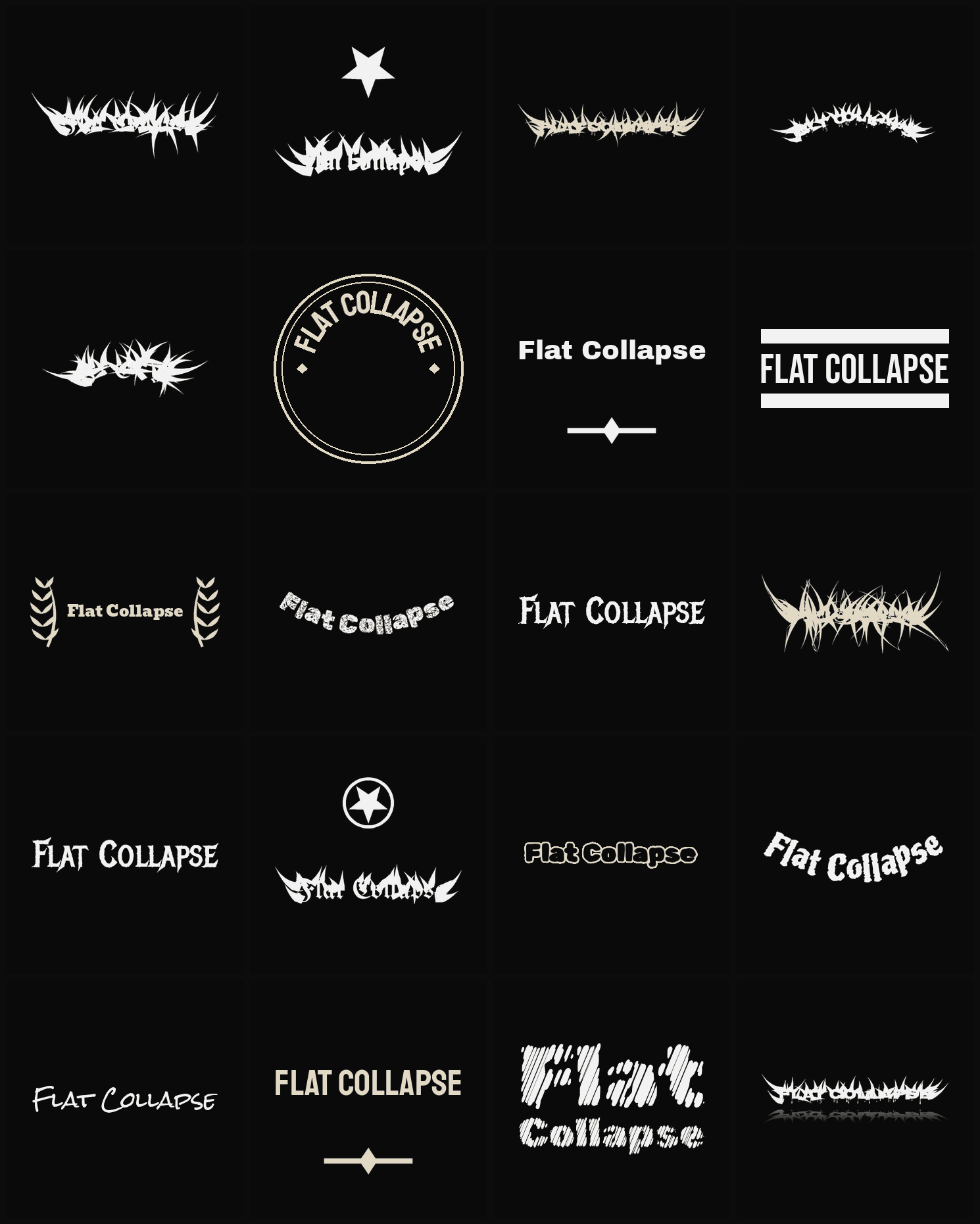Twenty Flat Collapse band logo ideas — different faces, treatments and spike settings