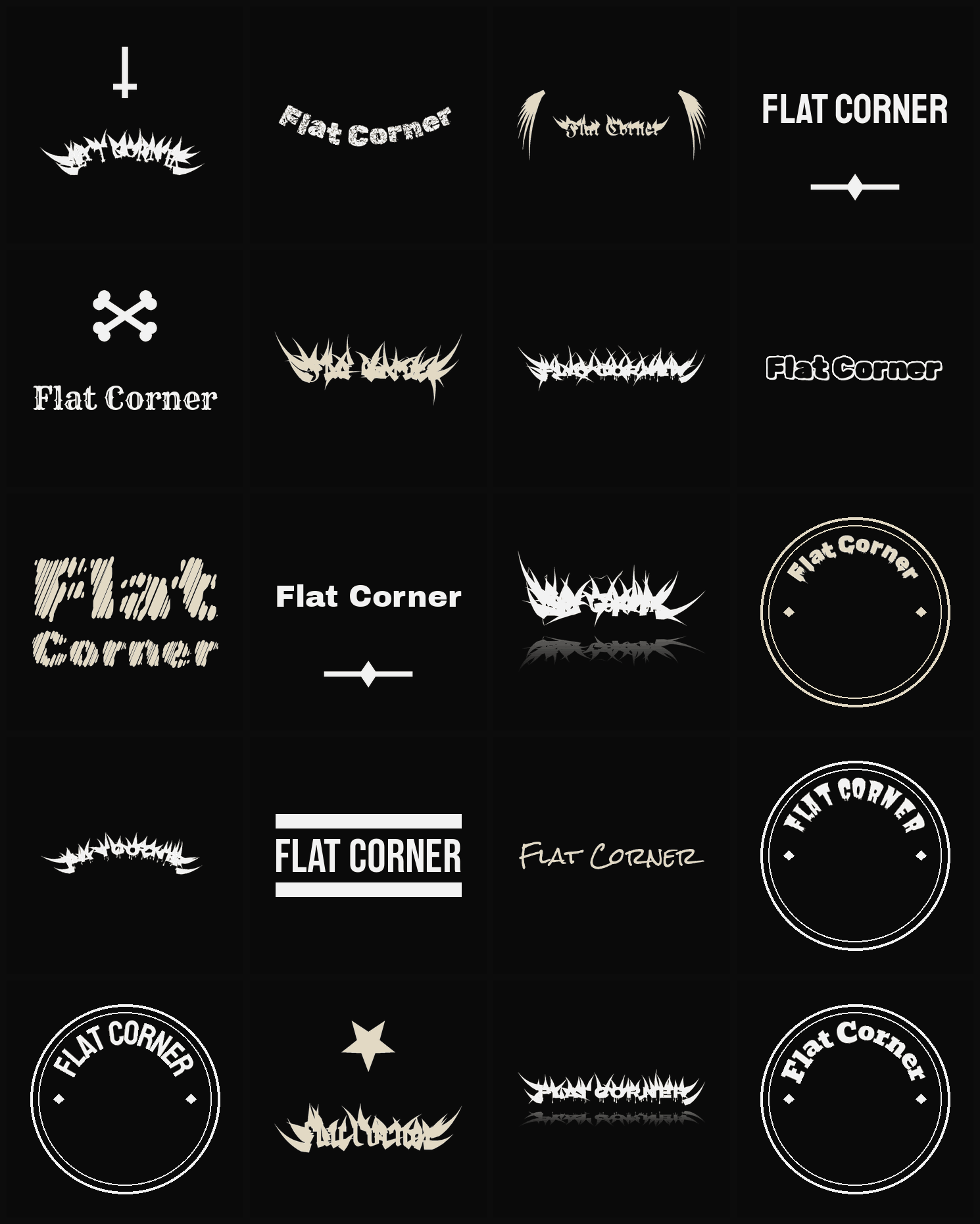 Twenty Flat Corner band logo ideas — different faces, treatments and spike settings