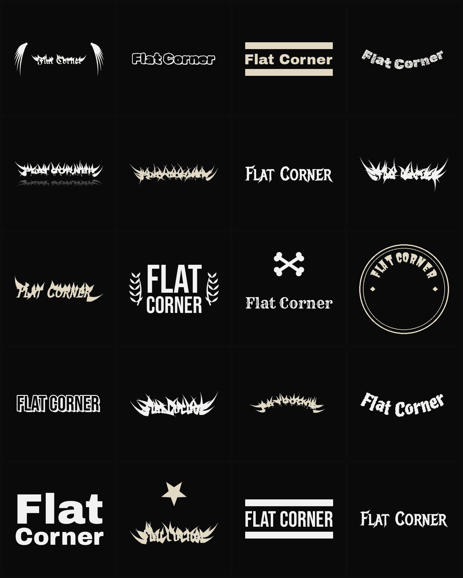 Twenty Flat Corner band logo ideas — different faces, treatments and spike settings