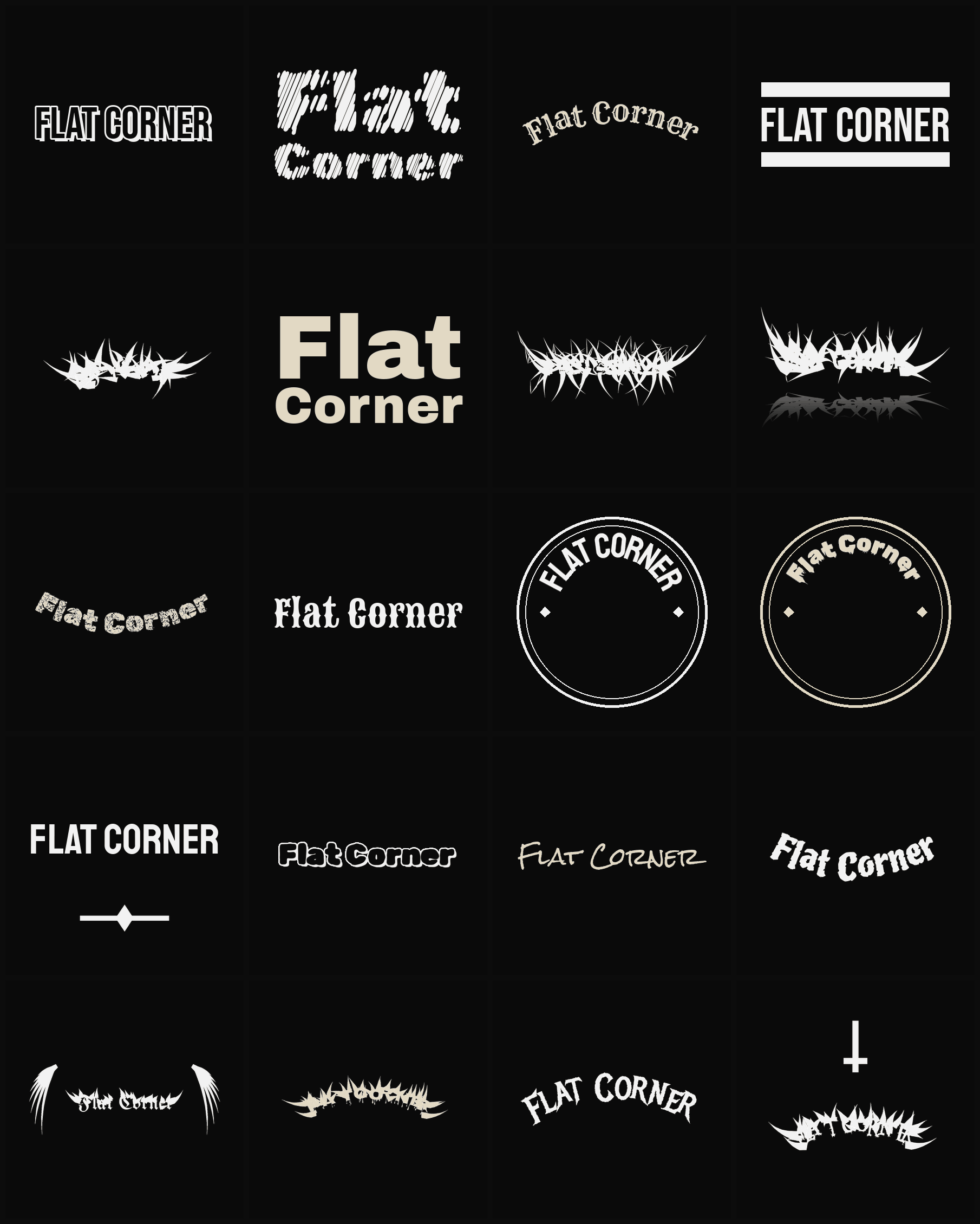 Twenty Flat Corner band logo ideas — different faces, treatments and spike settings