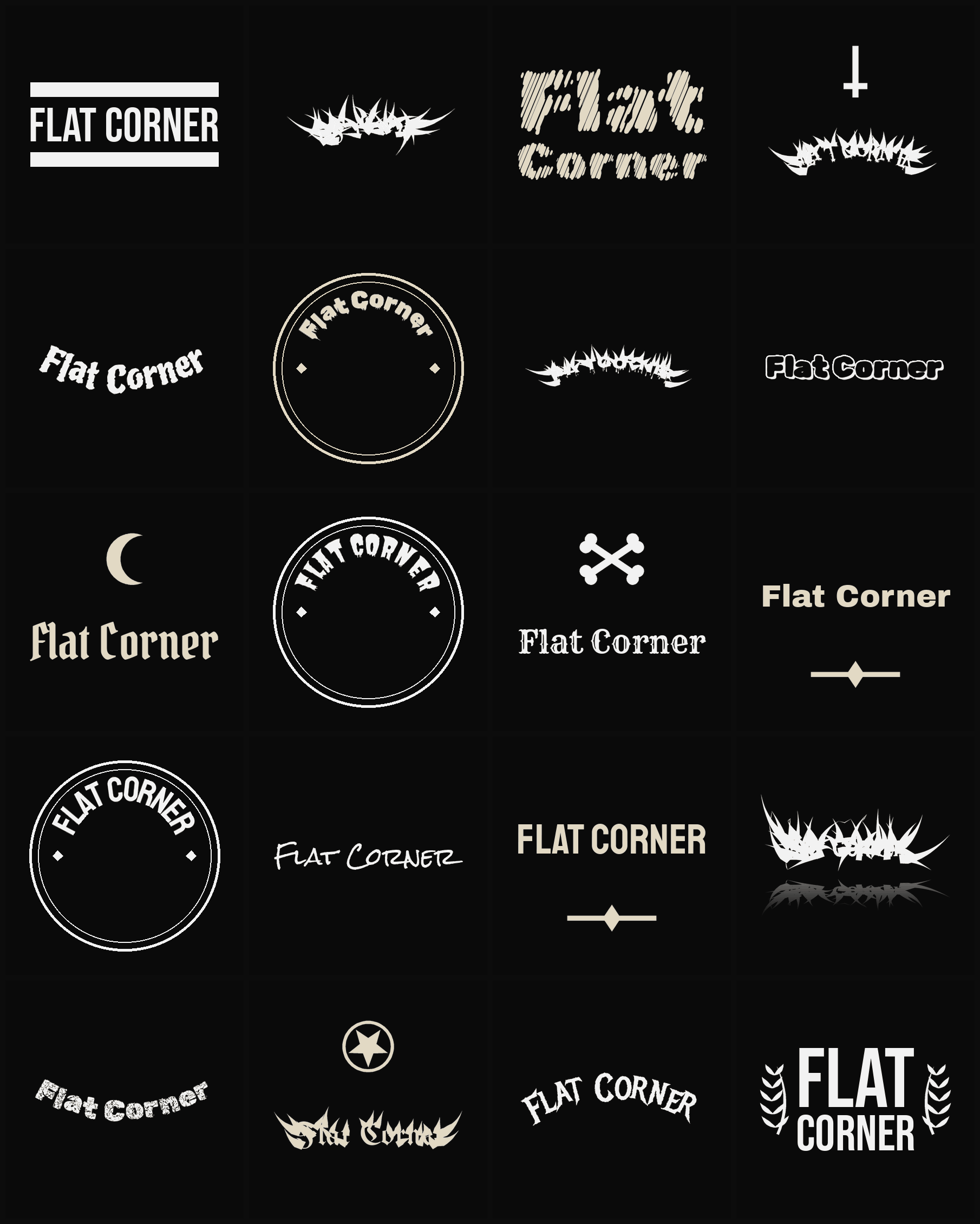 Twenty Flat Corner band logo ideas — different faces, treatments and spike settings