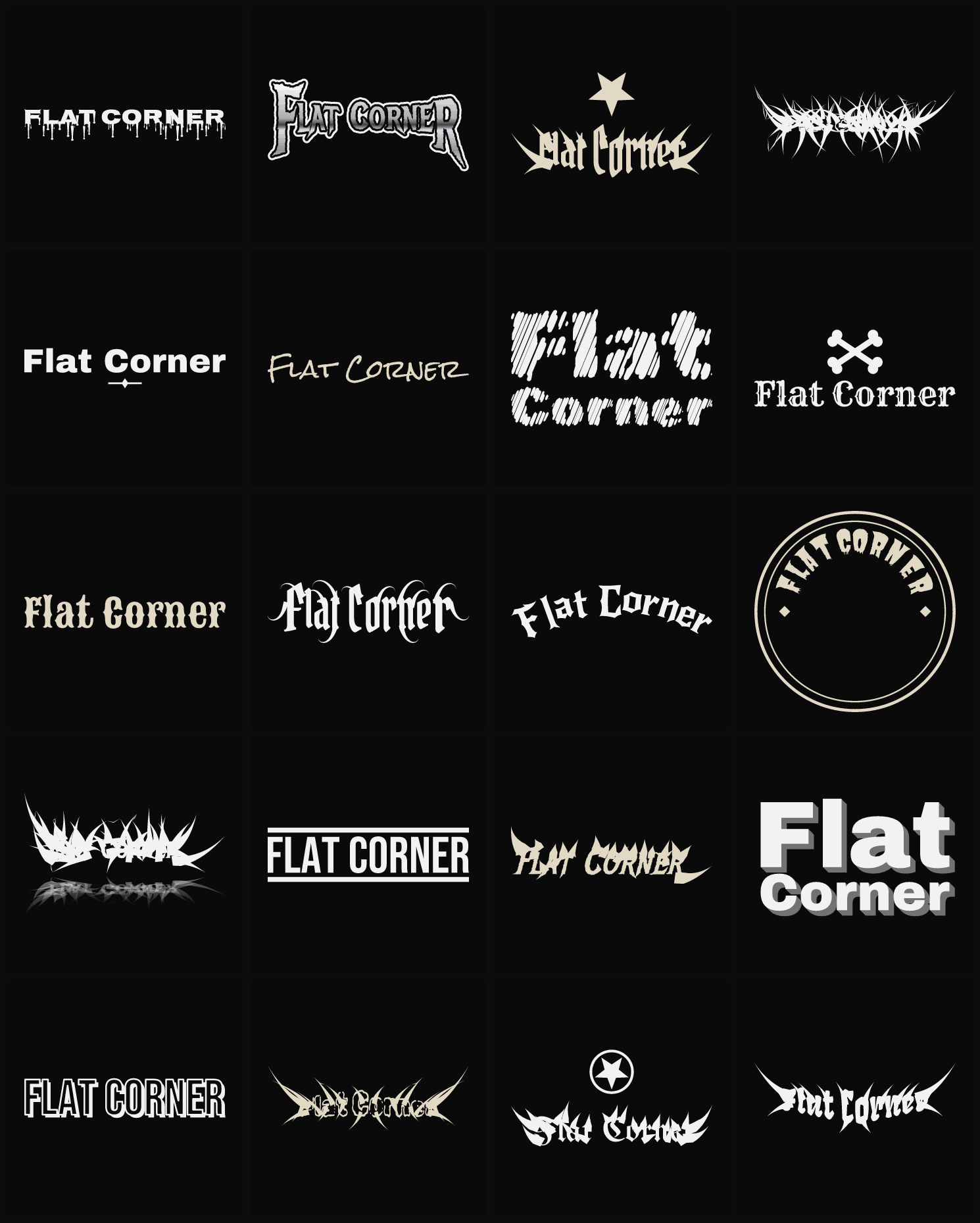 Twenty Flat Corner band logo ideas — different faces, treatments and spike settings