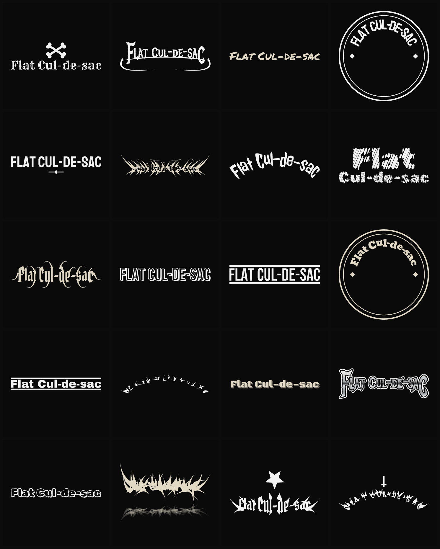 Twenty Flat Cul-de-sac band logo ideas — different faces, treatments and spike settings