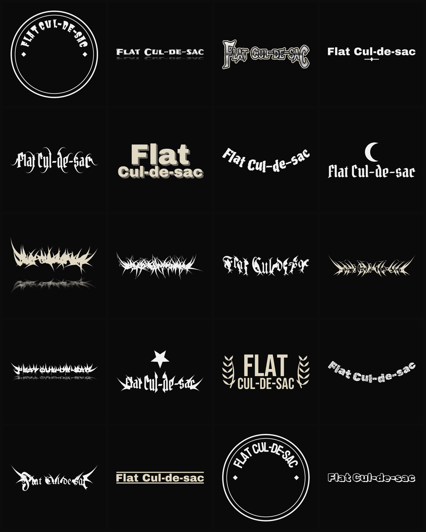 Twenty Flat Cul-de-sac band logo ideas — different faces, treatments and spike settings