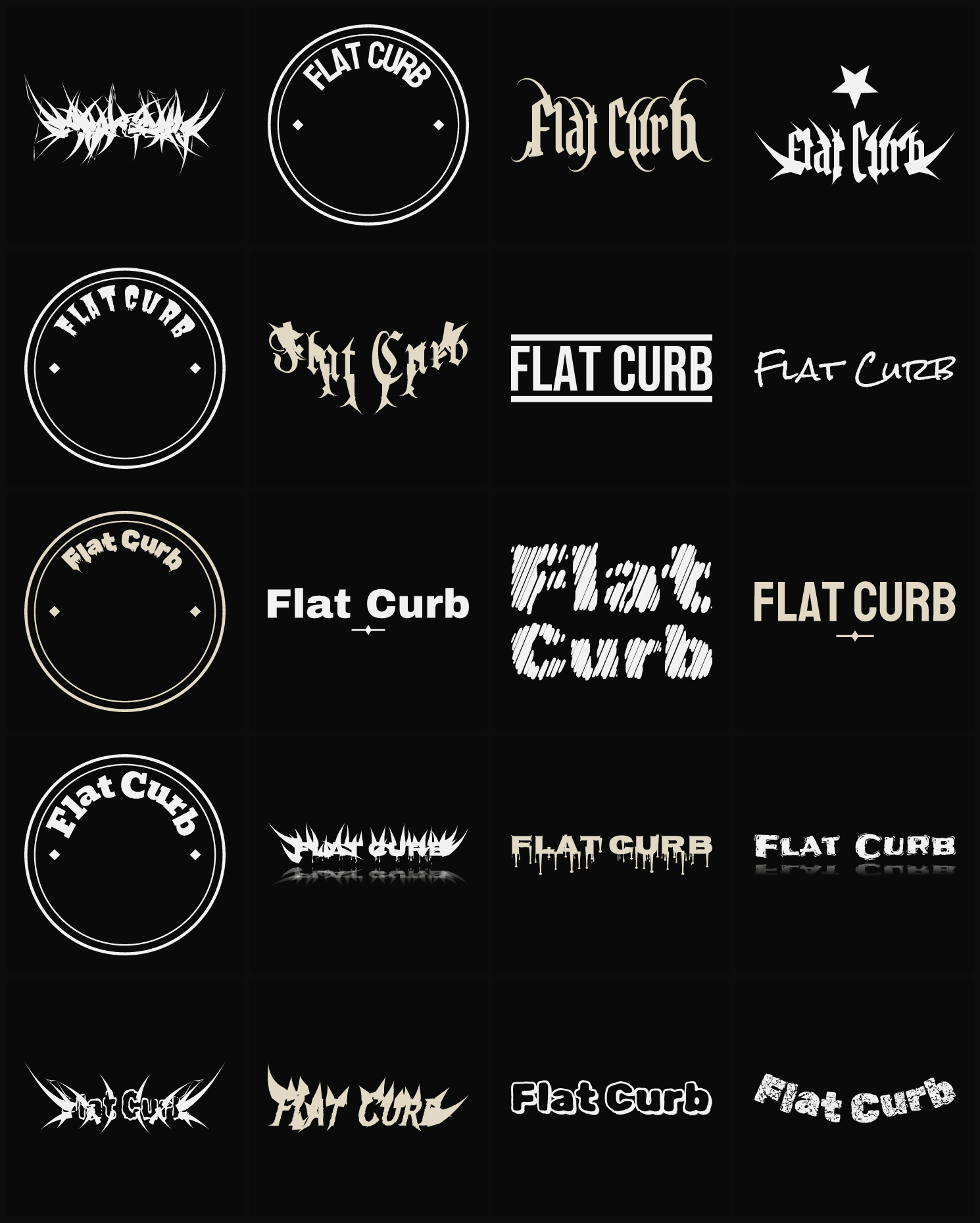Twenty Flat Curb band logo ideas — different faces, treatments and spike settings