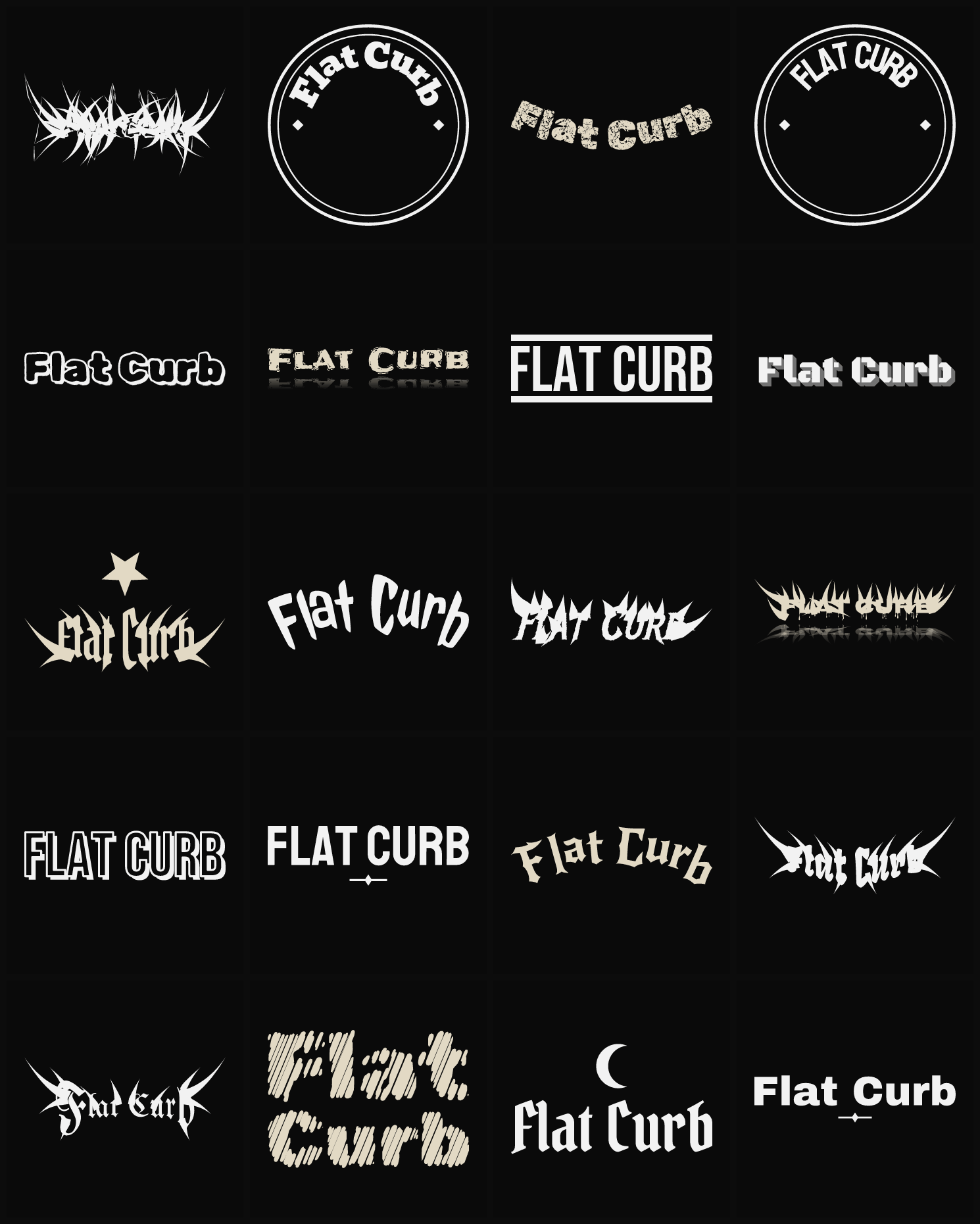 Twenty Flat Curb band logo ideas — different faces, treatments and spike settings