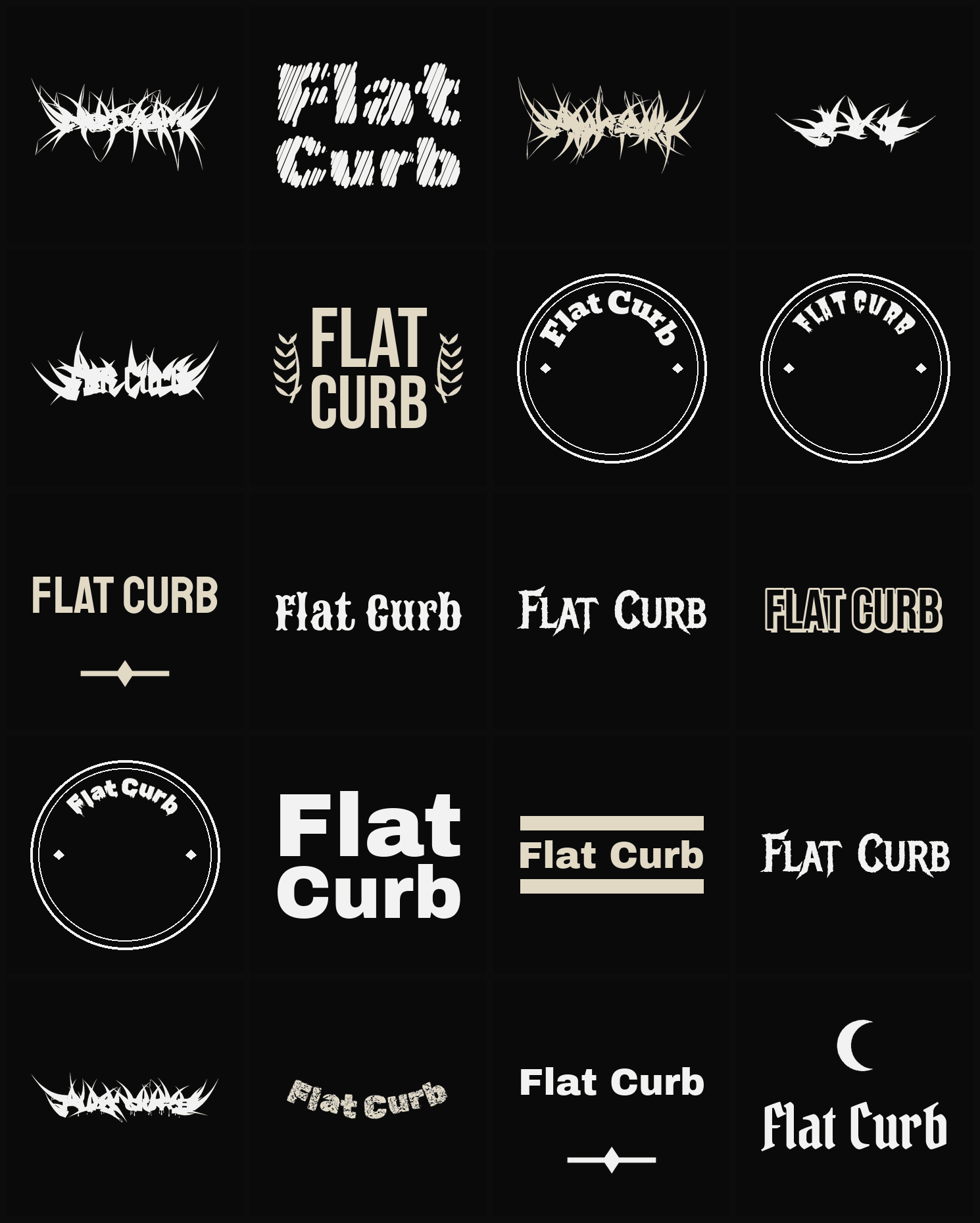 Twenty Flat Curb band logo ideas — different faces, treatments and spike settings