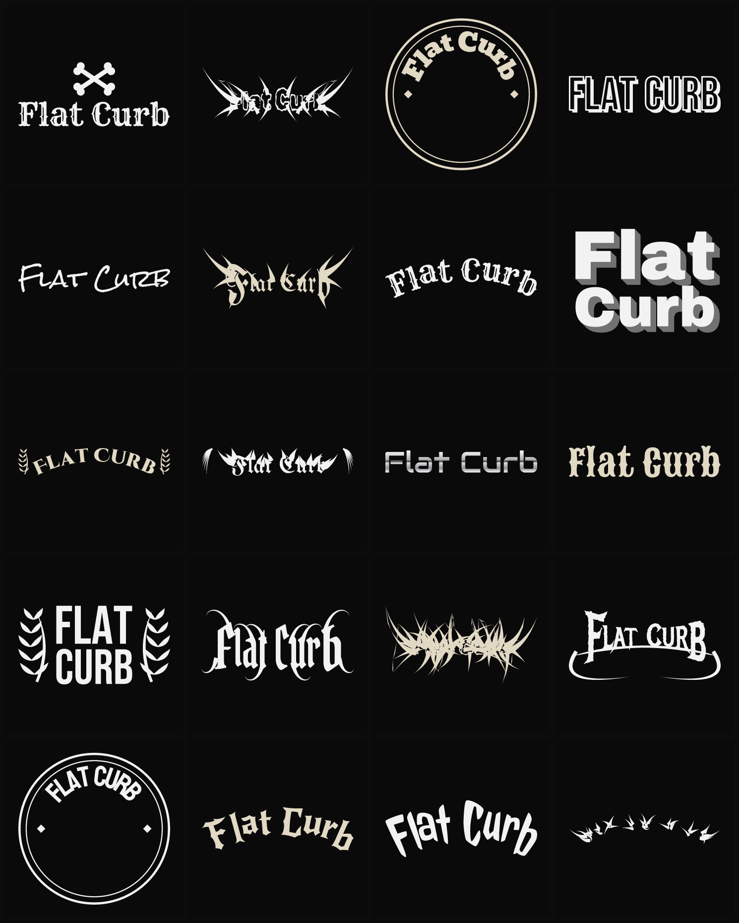 Twenty Flat Curb band logo ideas — different faces, treatments and spike settings