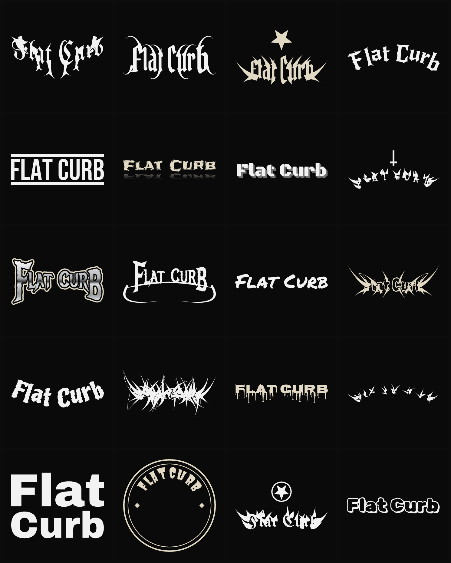 Twenty Flat Curb band logo ideas — different faces, treatments and spike settings