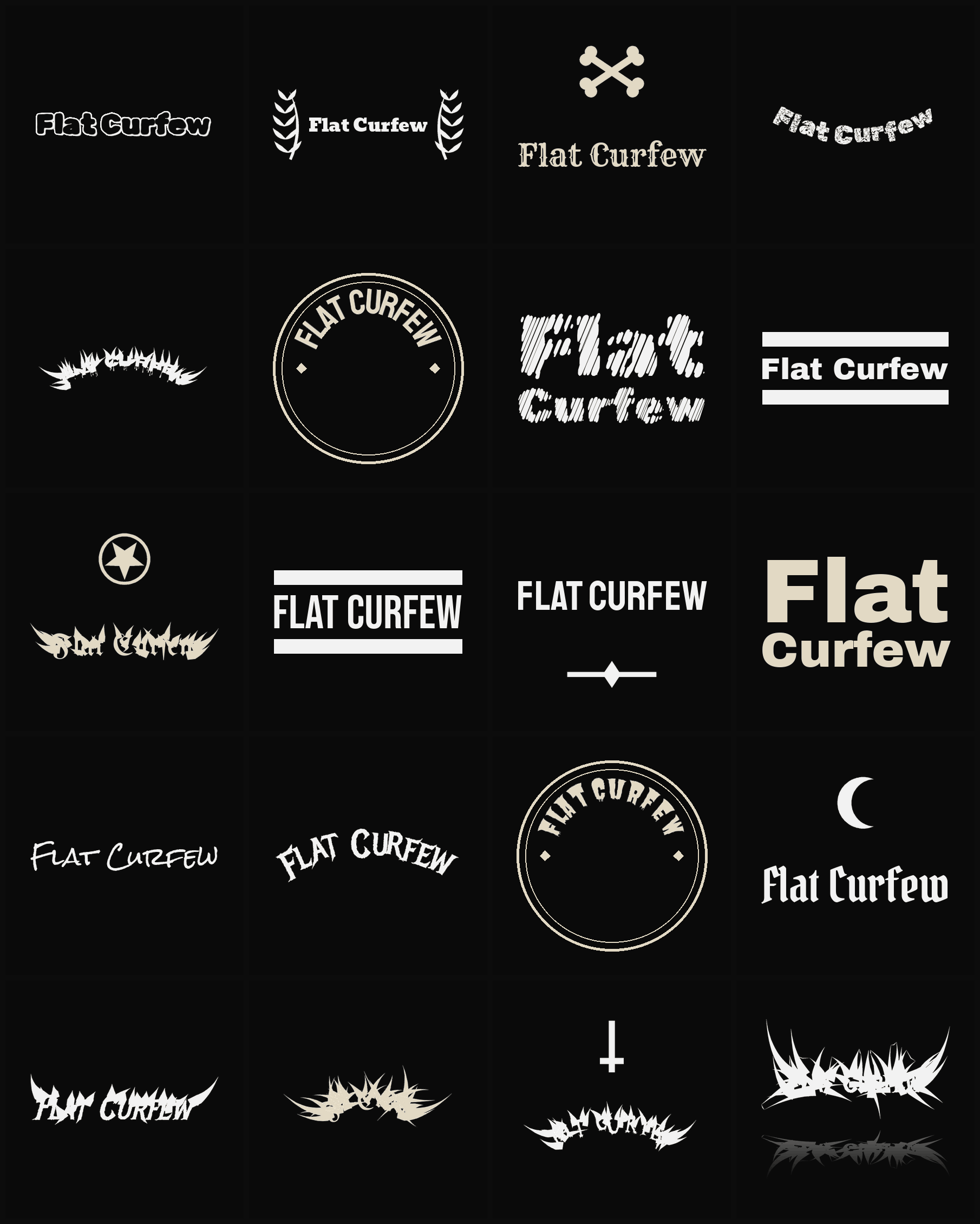 Twenty Flat Curfew band logo ideas — different faces, treatments and spike settings