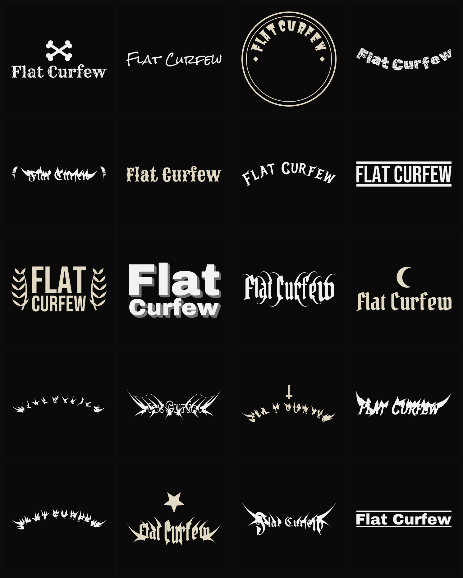 Twenty Flat Curfew band logo ideas — different faces, treatments and spike settings