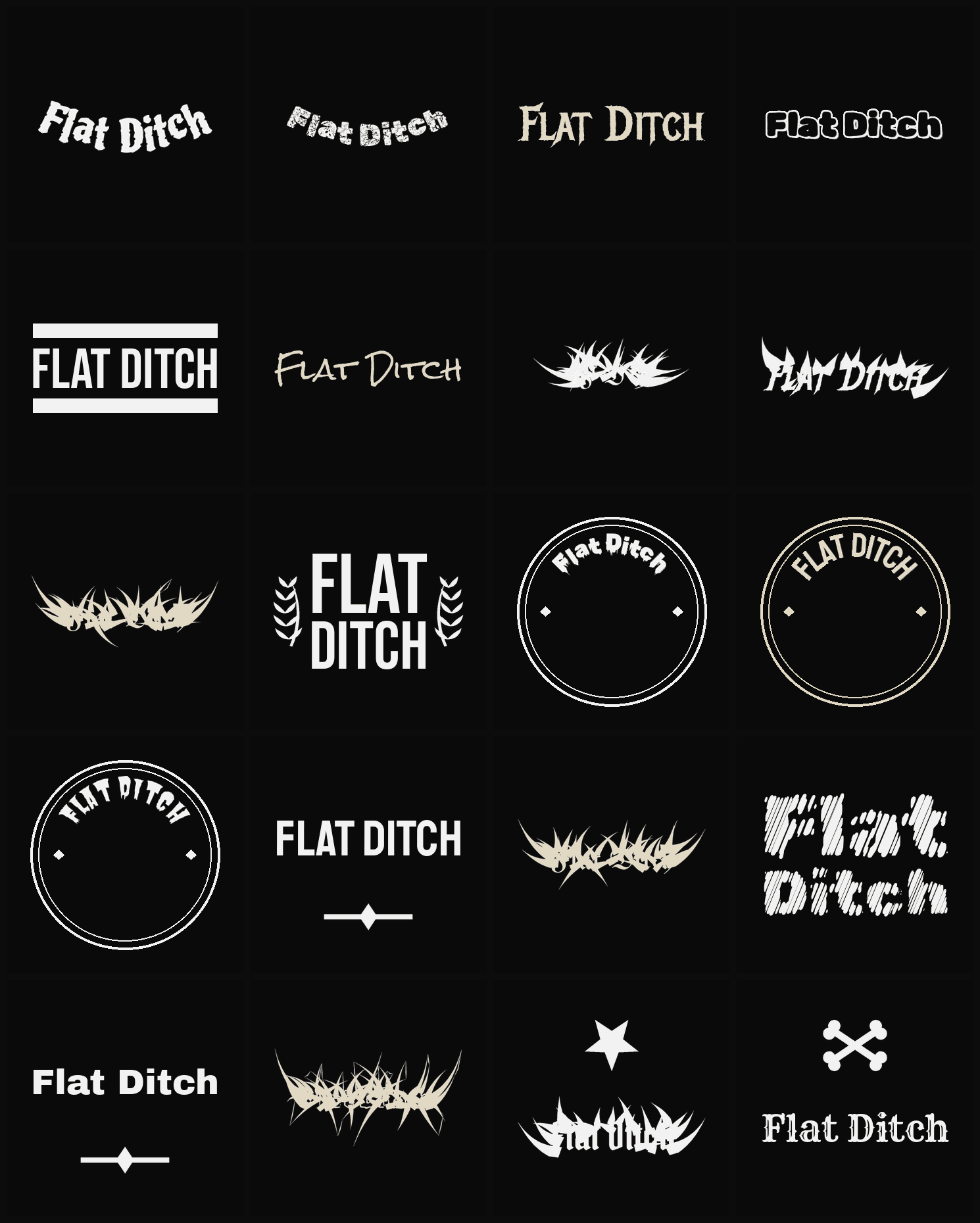 Twenty Flat Ditch band logo ideas — different faces, treatments and spike settings