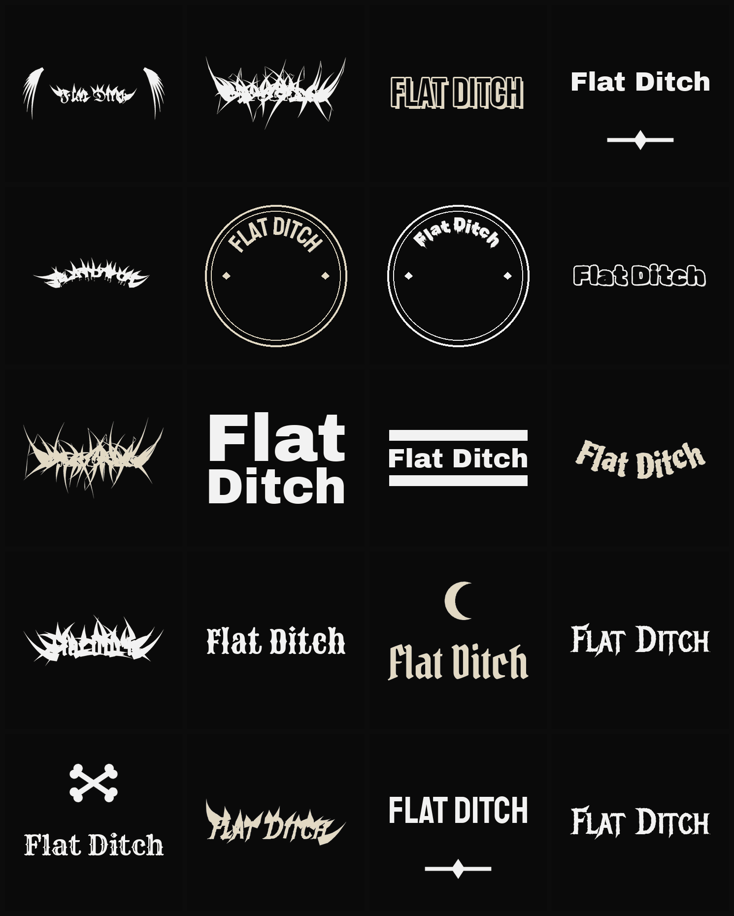 Twenty Flat Ditch band logo ideas — different faces, treatments and spike settings