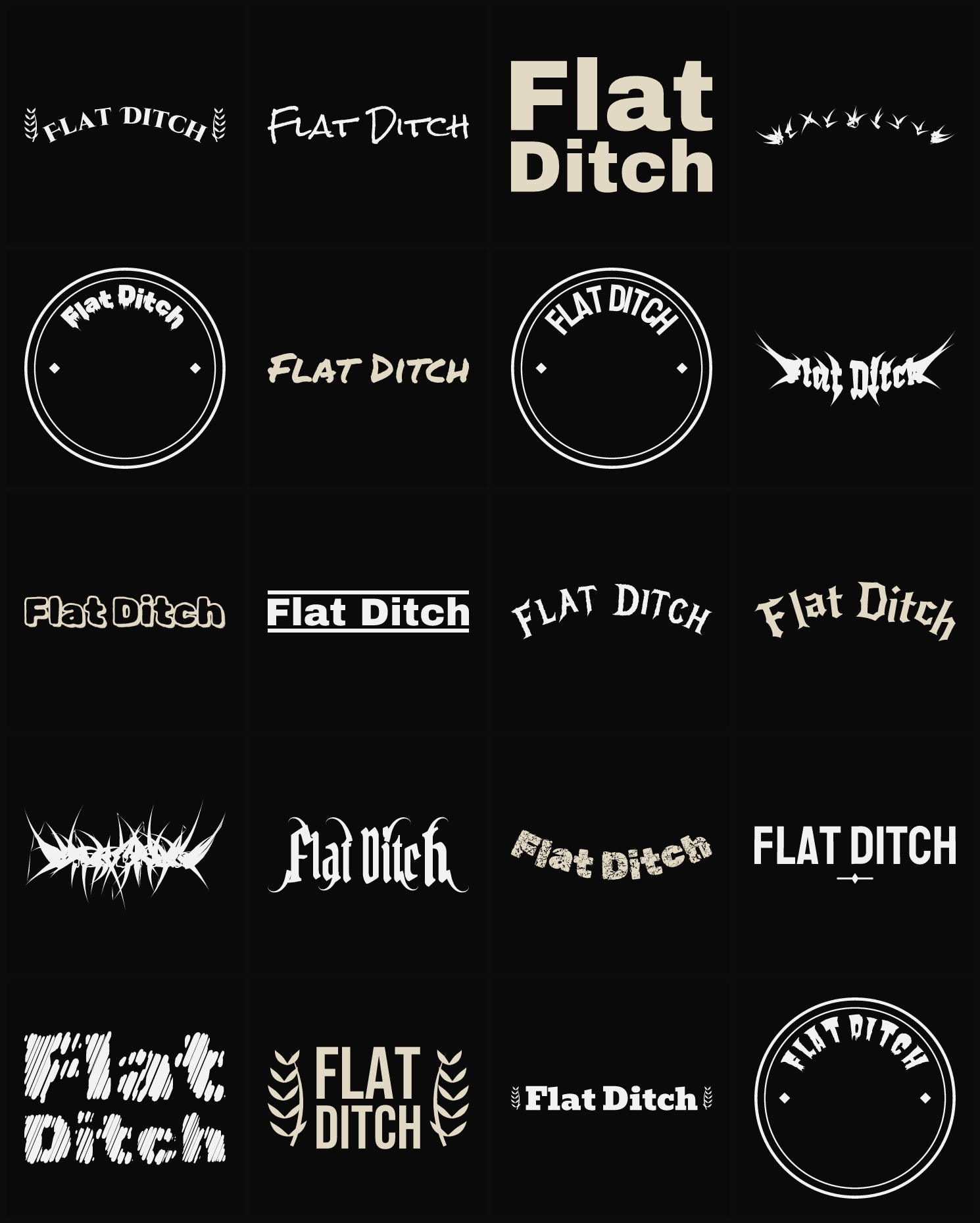 Twenty Flat Ditch band logo ideas — different faces, treatments and spike settings