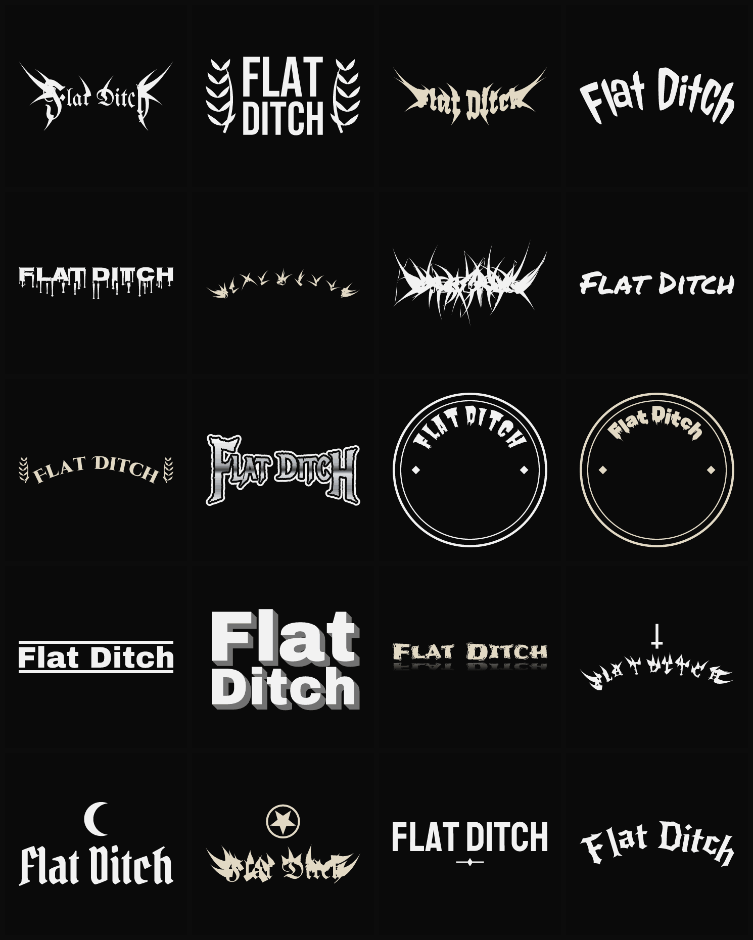 Twenty Flat Ditch band logo ideas — different faces, treatments and spike settings