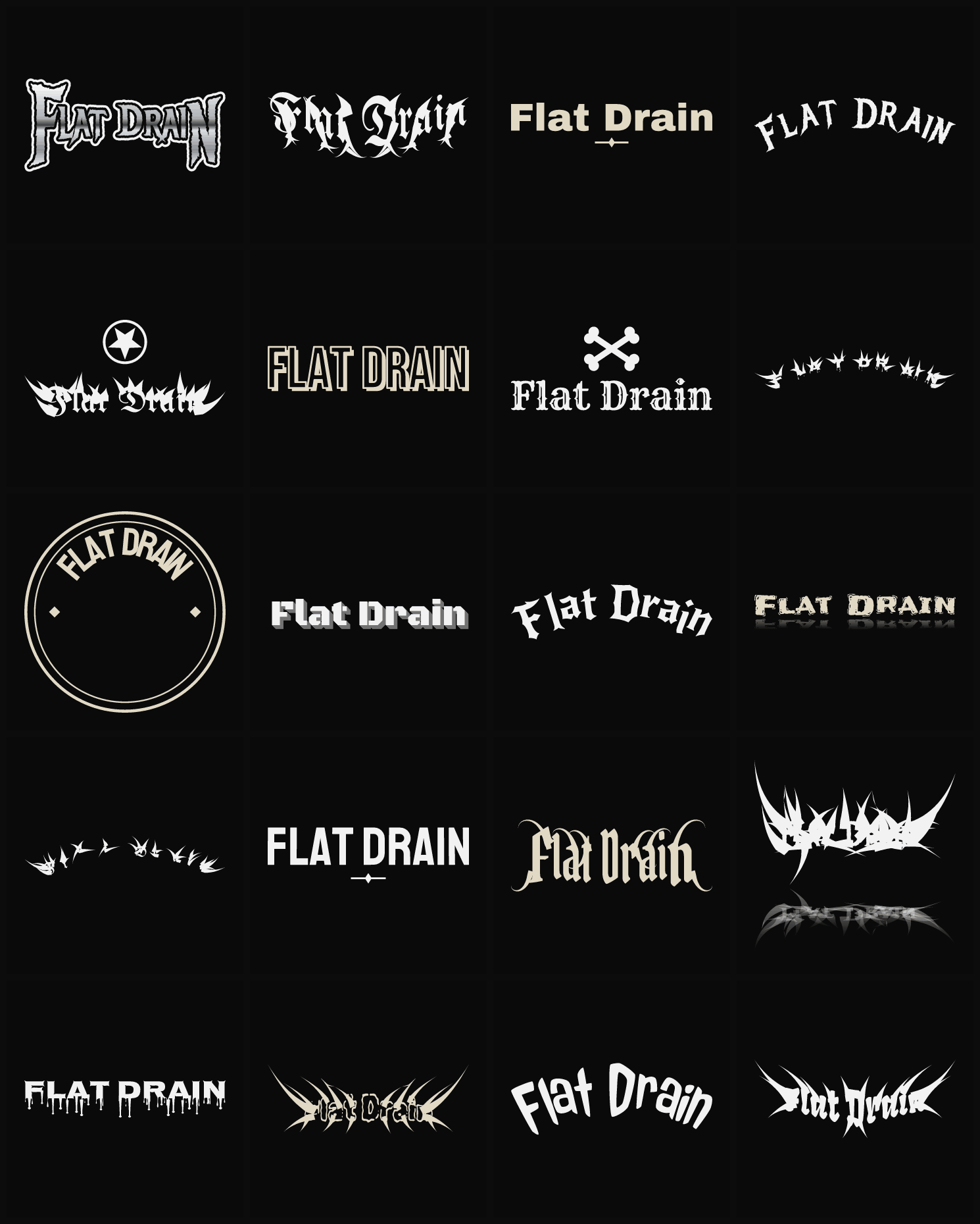 Twenty Flat Drain band logo ideas — different faces, treatments and spike settings