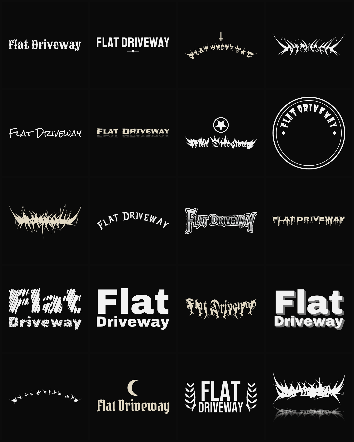 Twenty Flat Driveway band logo ideas — different faces, treatments and spike settings