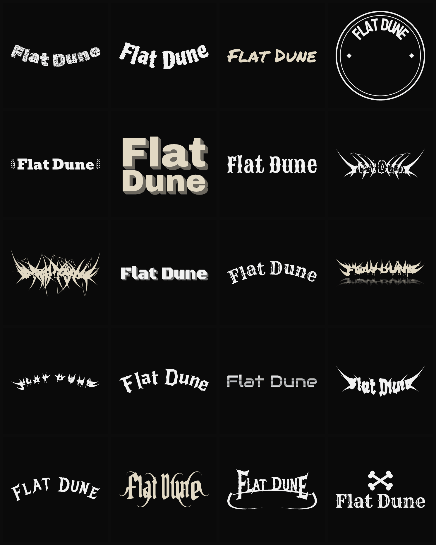 Twenty Flat Dune band logo ideas — different faces, treatments and spike settings