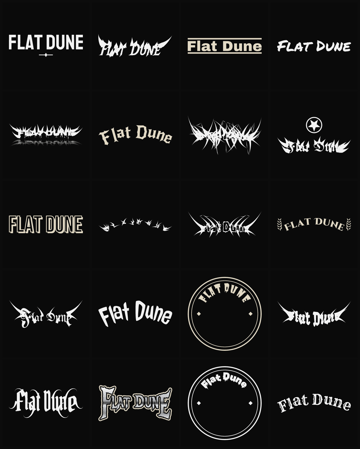 Twenty Flat Dune band logo ideas — different faces, treatments and spike settings
