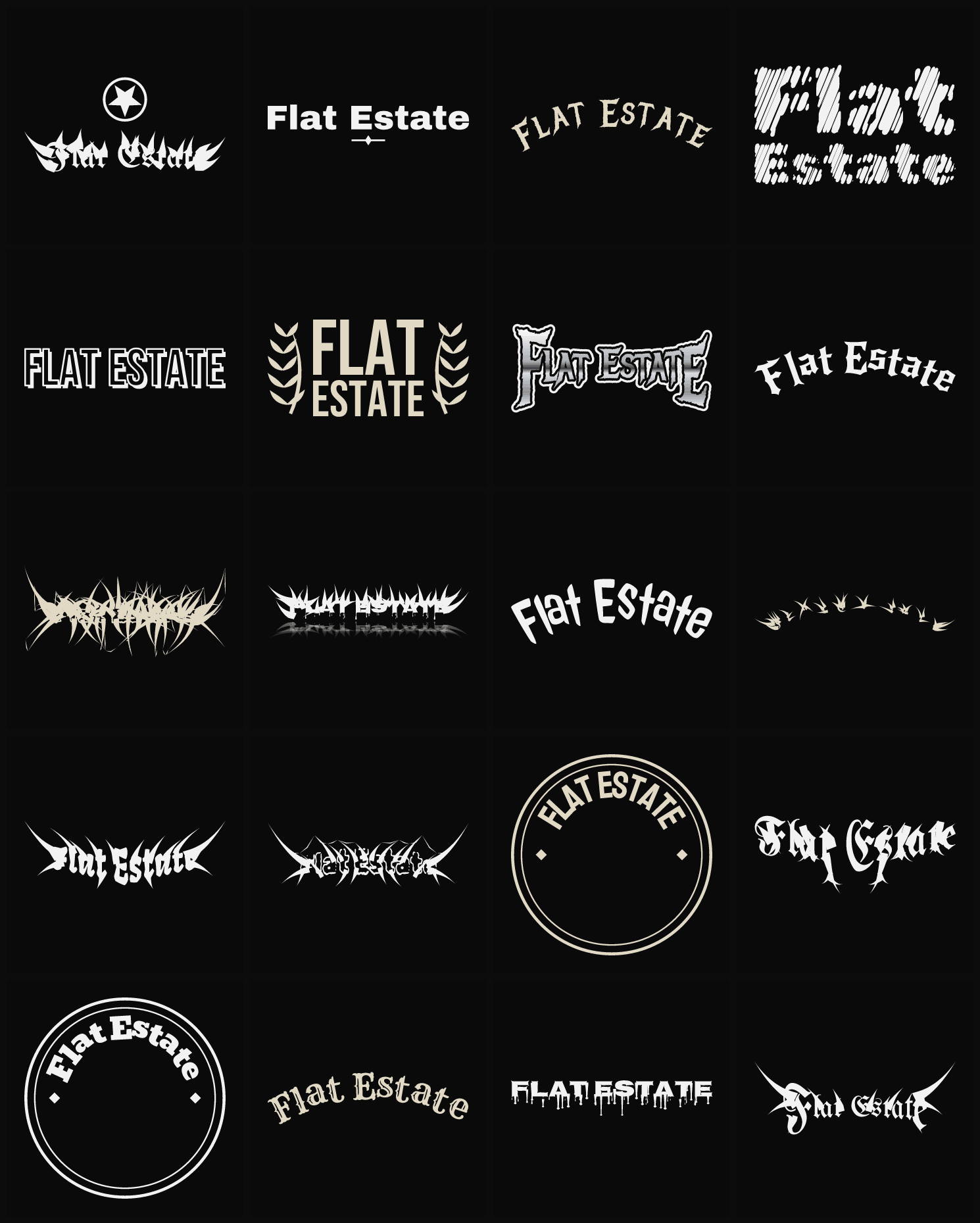 Twenty Flat Estate band logo ideas — different faces, treatments and spike settings