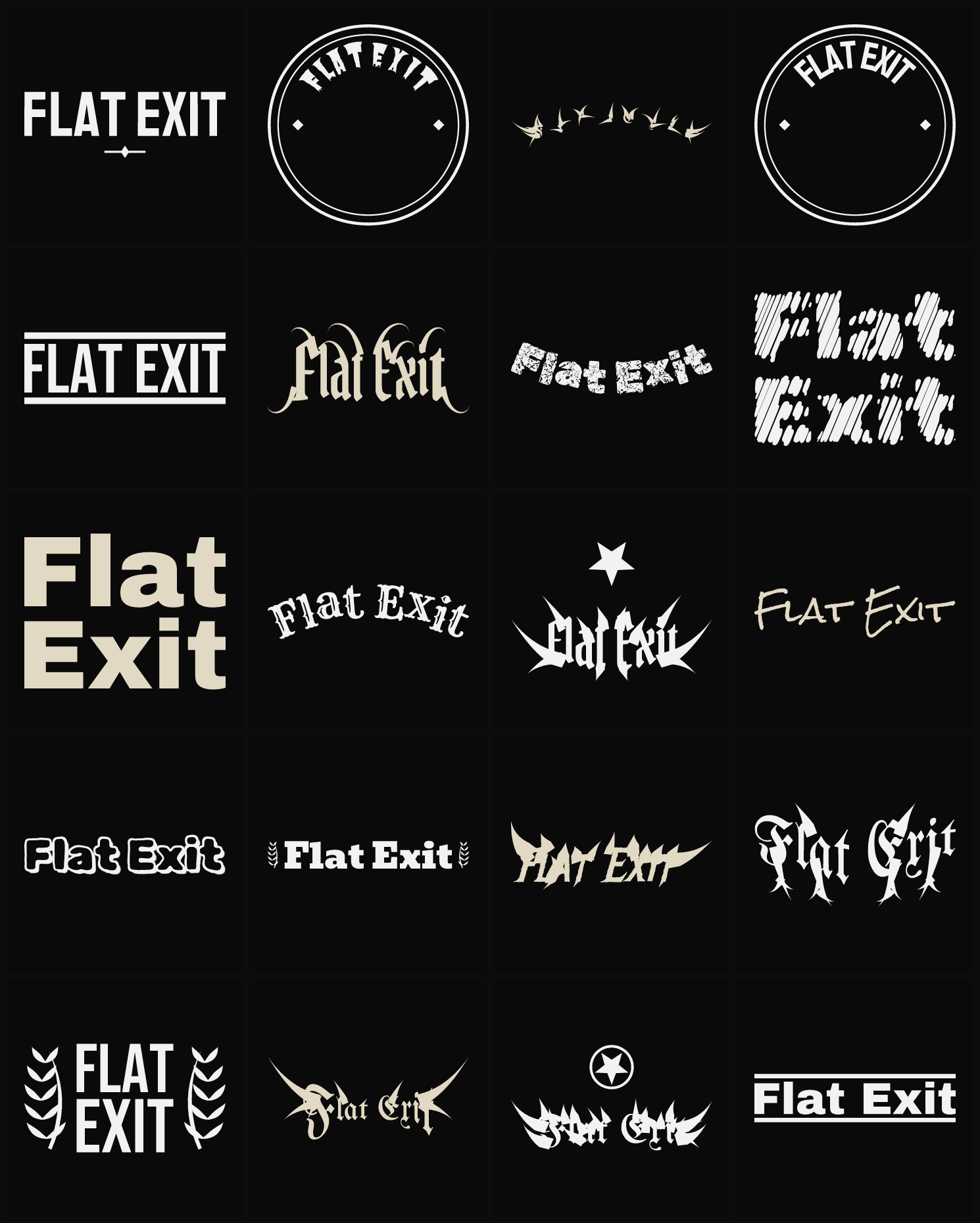 Twenty Flat Exit band logo ideas — different faces, treatments and spike settings