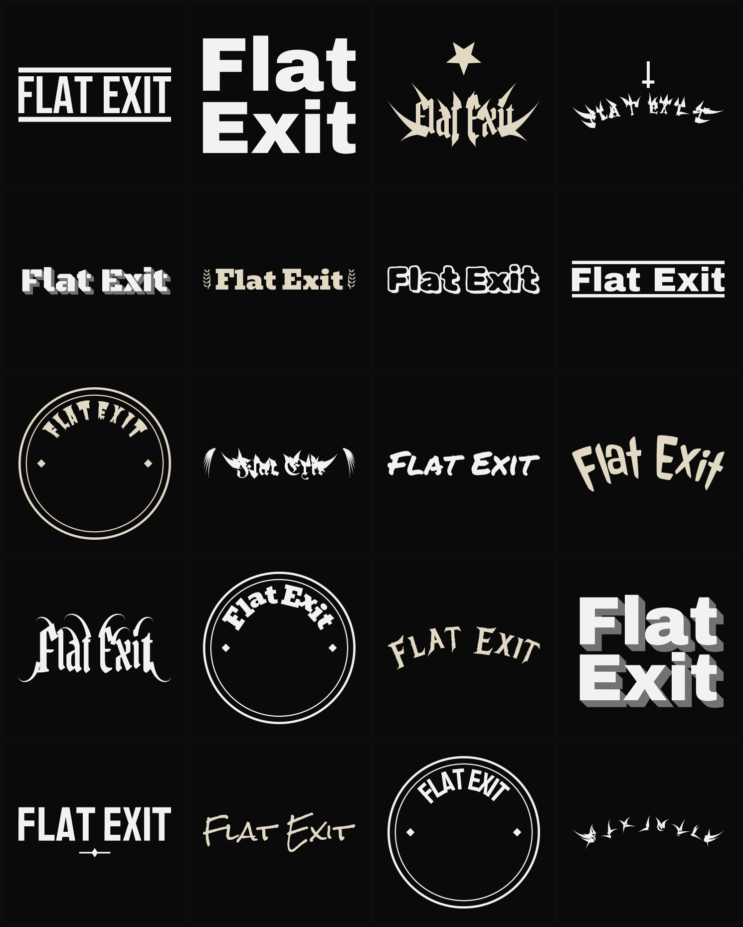 Twenty Flat Exit band logo ideas — different faces, treatments and spike settings