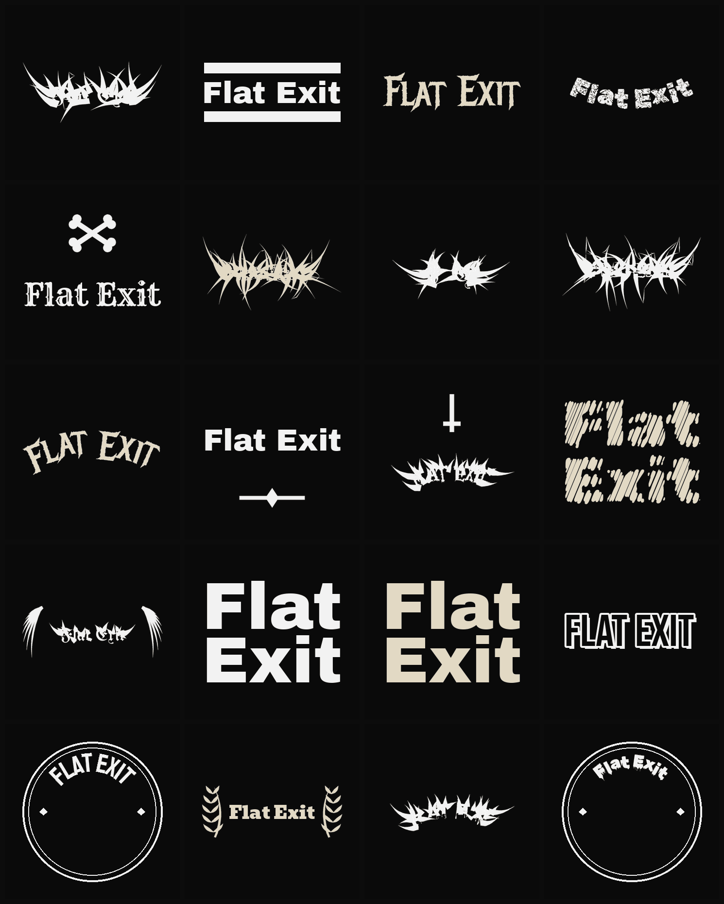 Twenty Flat Exit band logo ideas — different faces, treatments and spike settings