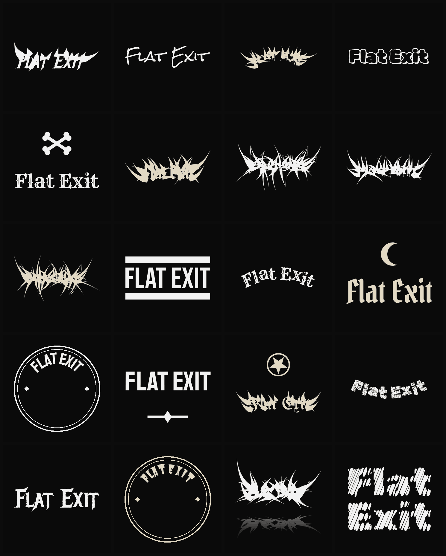 Twenty Flat Exit band logo ideas — different faces, treatments and spike settings
