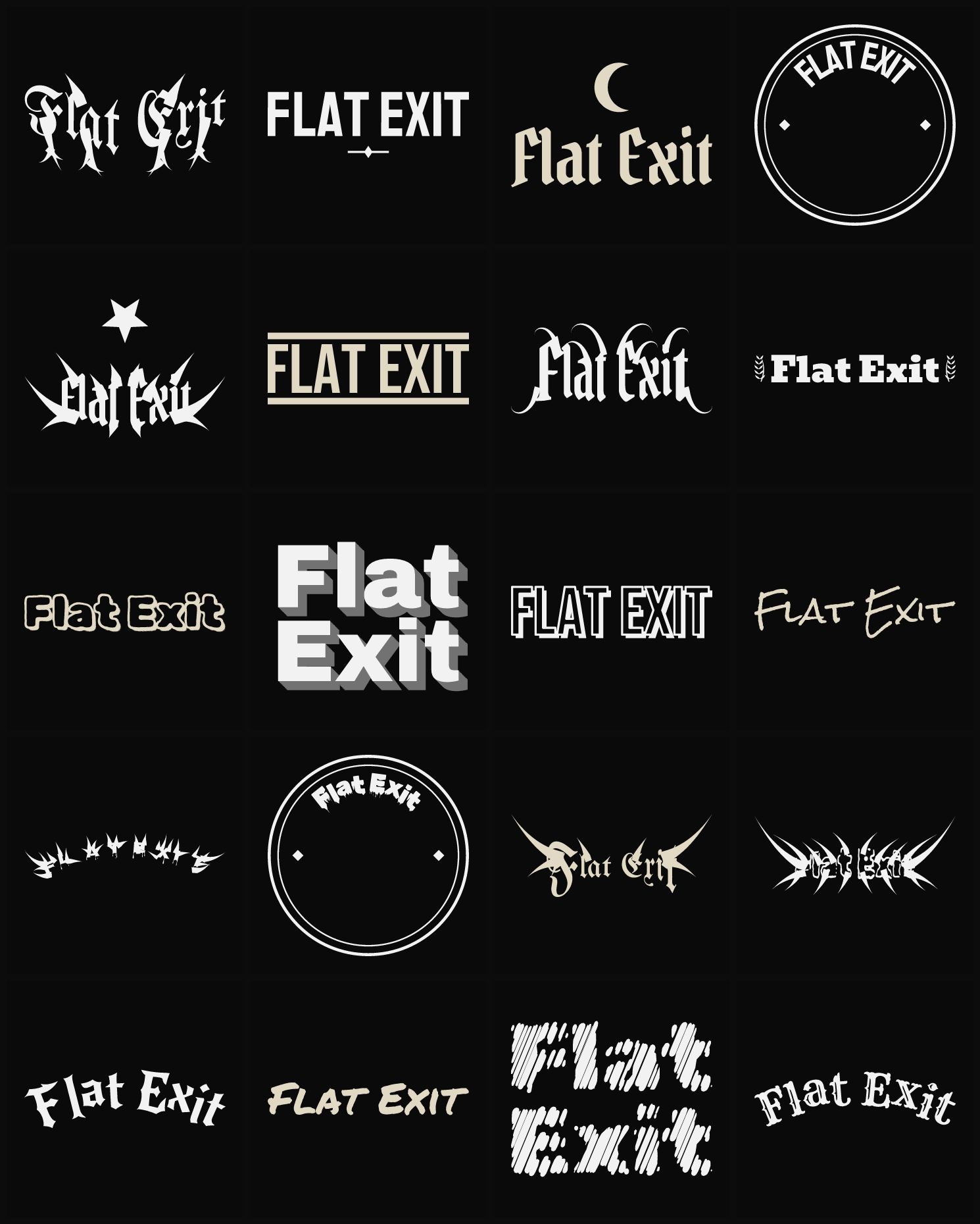 Twenty Flat Exit band logo ideas — different faces, treatments and spike settings