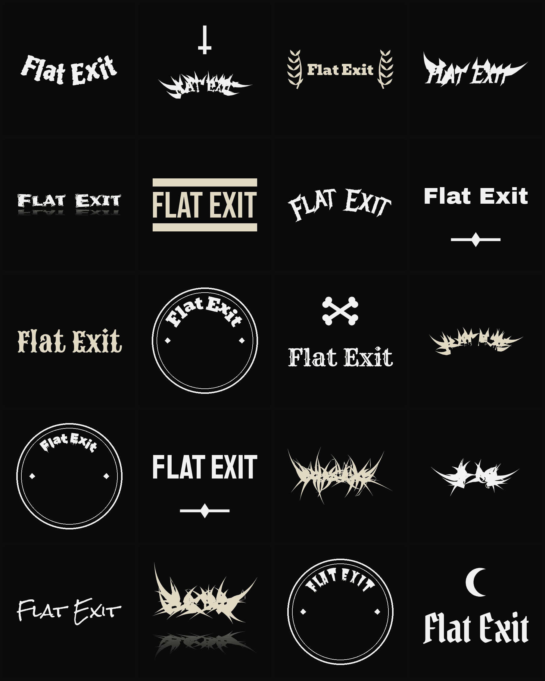 Twenty Flat Exit band logo ideas — different faces, treatments and spike settings
