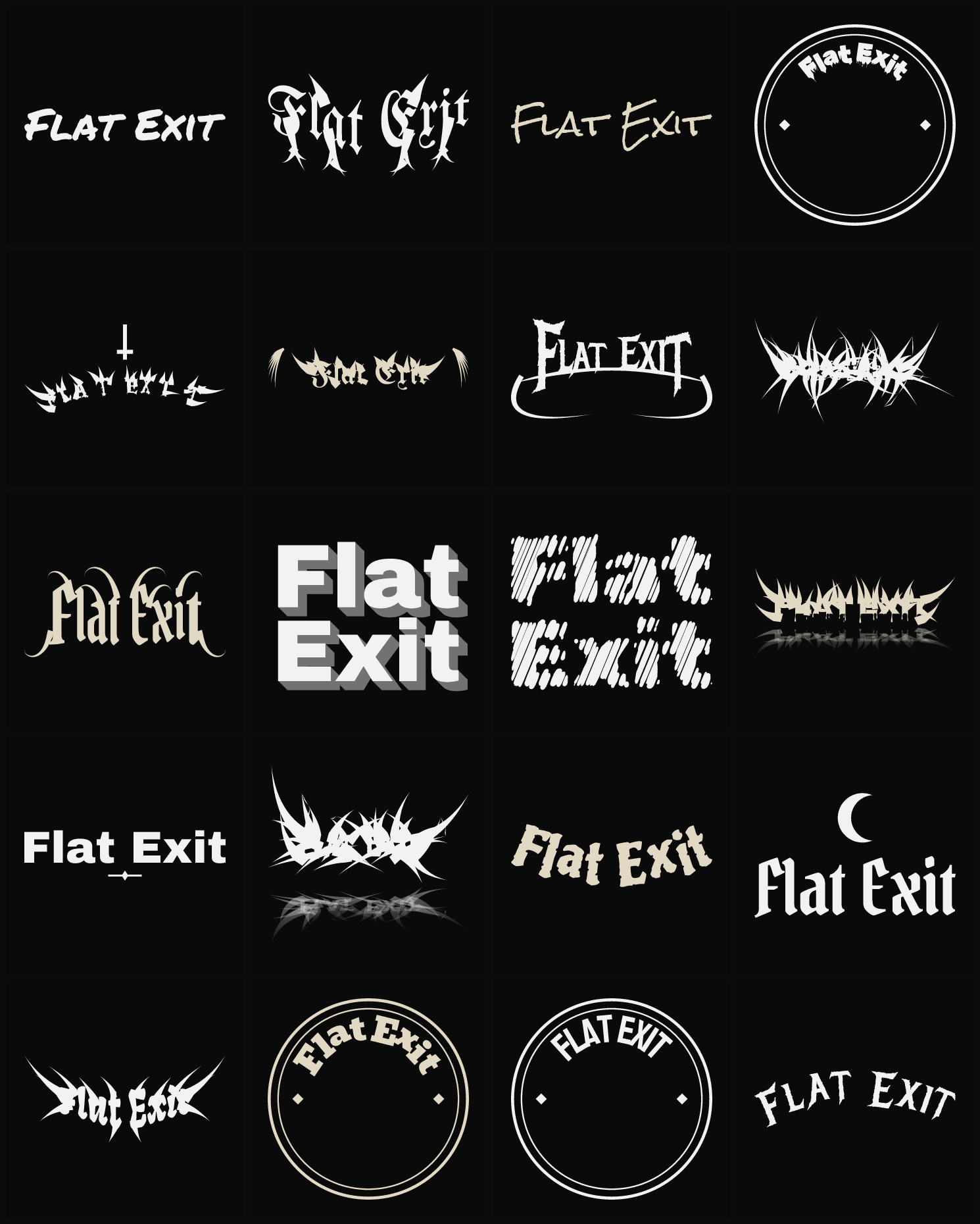 Twenty Flat Exit band logo ideas — different faces, treatments and spike settings