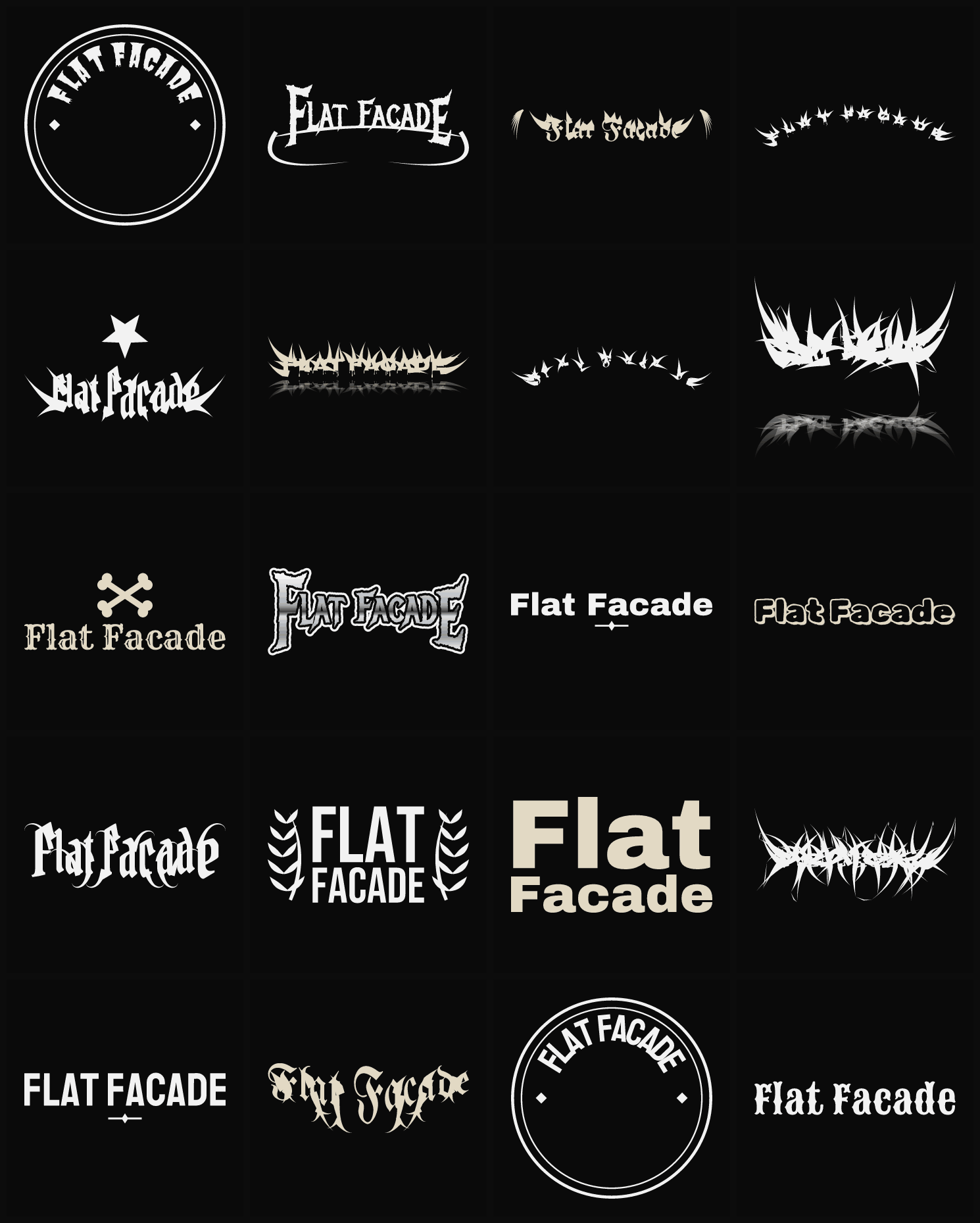Twenty Flat Facade band logo ideas — different faces, treatments and spike settings