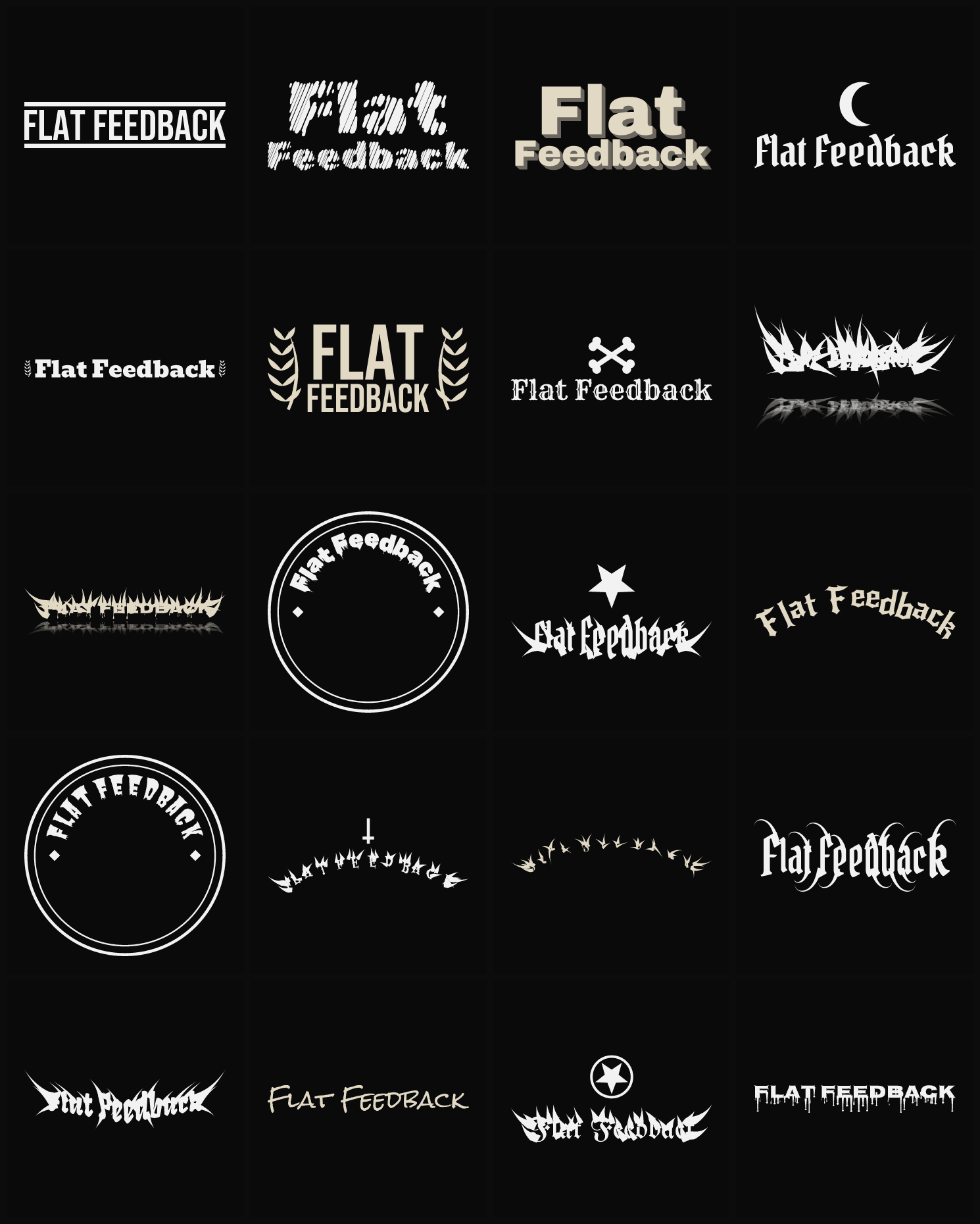 Twenty Flat Feedback band logo ideas — different faces, treatments and spike settings