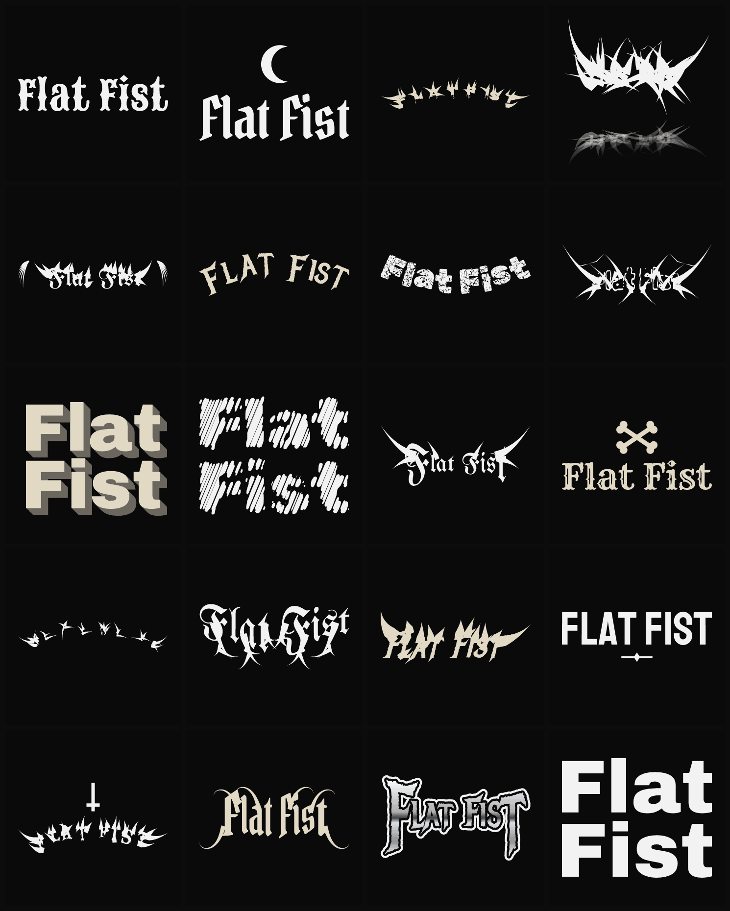Twenty Flat Fist band logo ideas — different faces, treatments and spike settings