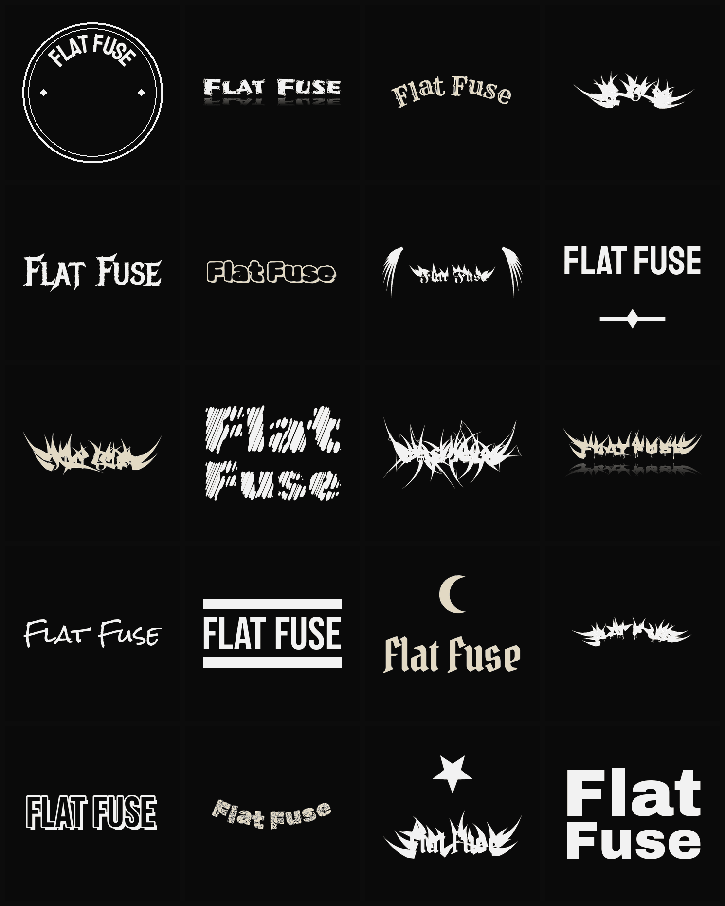 Twenty Flat Fuse band logo ideas — different faces, treatments and spike settings