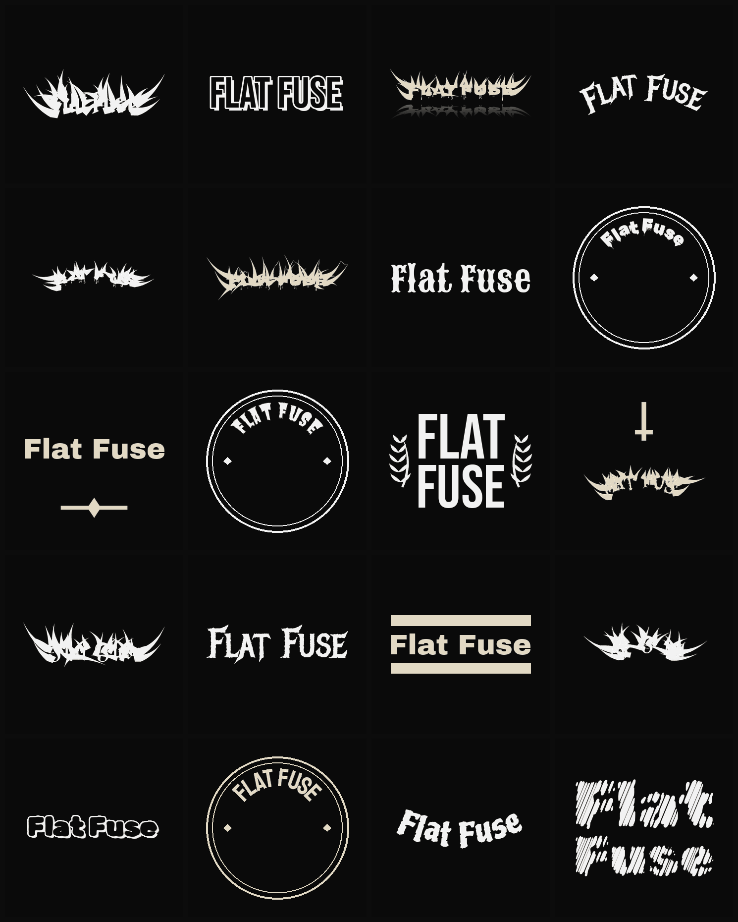 Twenty Flat Fuse band logo ideas — different faces, treatments and spike settings