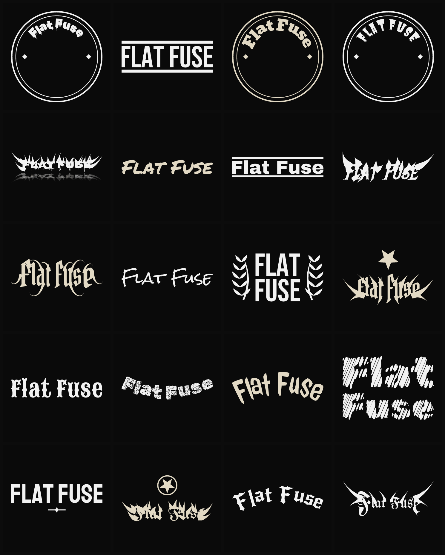 Twenty Flat Fuse band logo ideas — different faces, treatments and spike settings