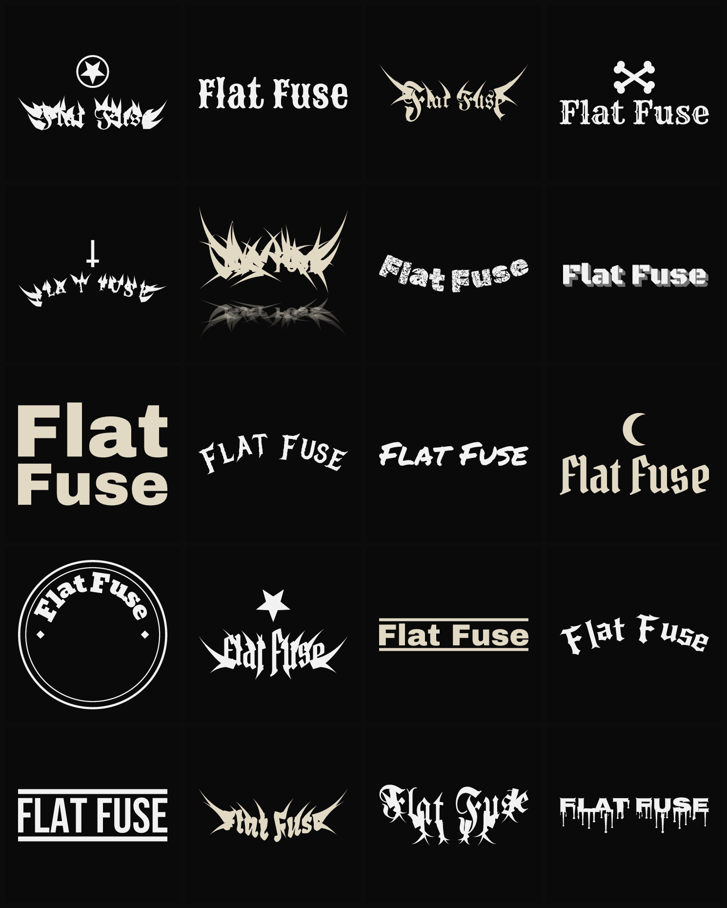 Twenty Flat Fuse band logo ideas — different faces, treatments and spike settings