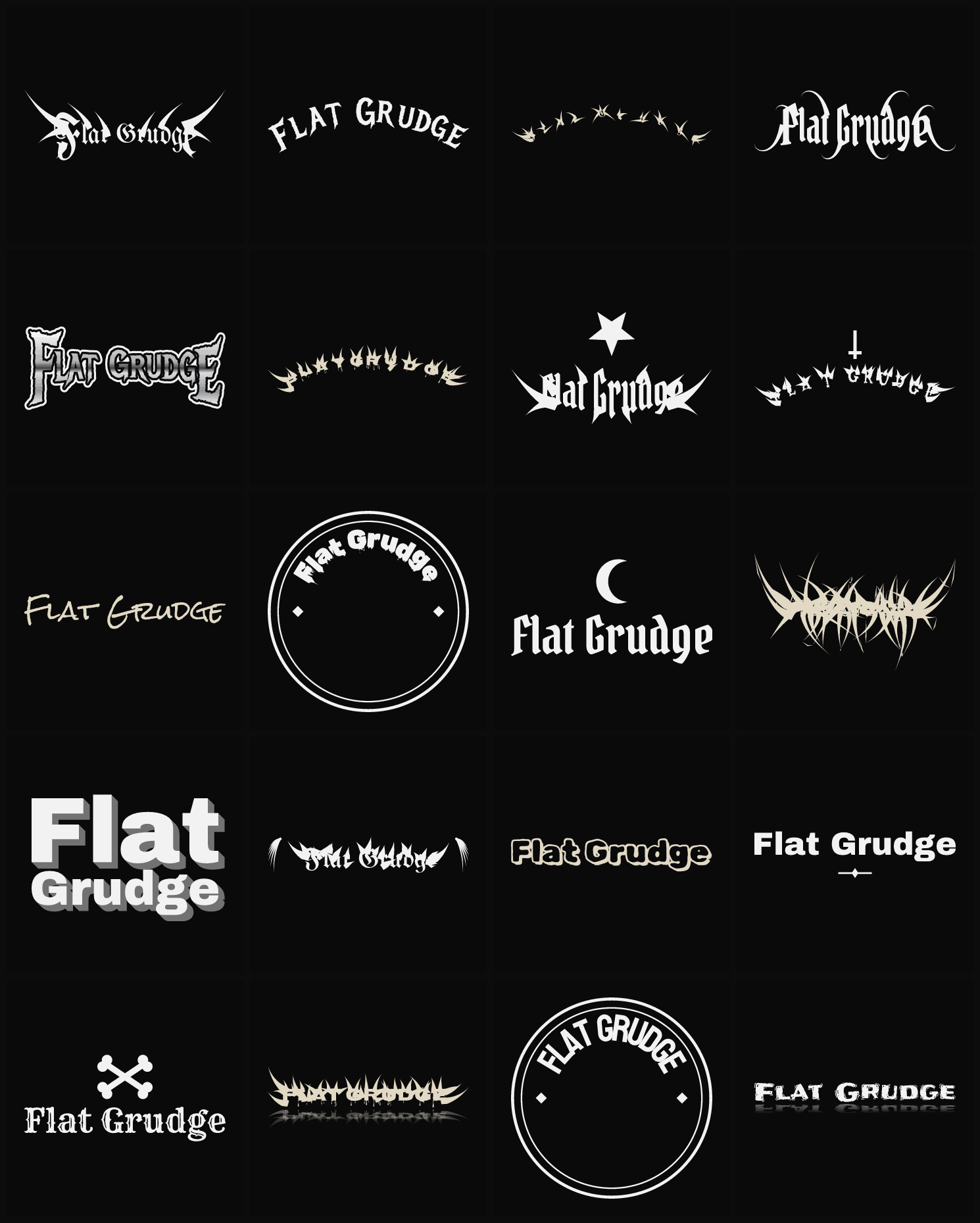 Twenty Flat Grudge band logo ideas — different faces, treatments and spike settings