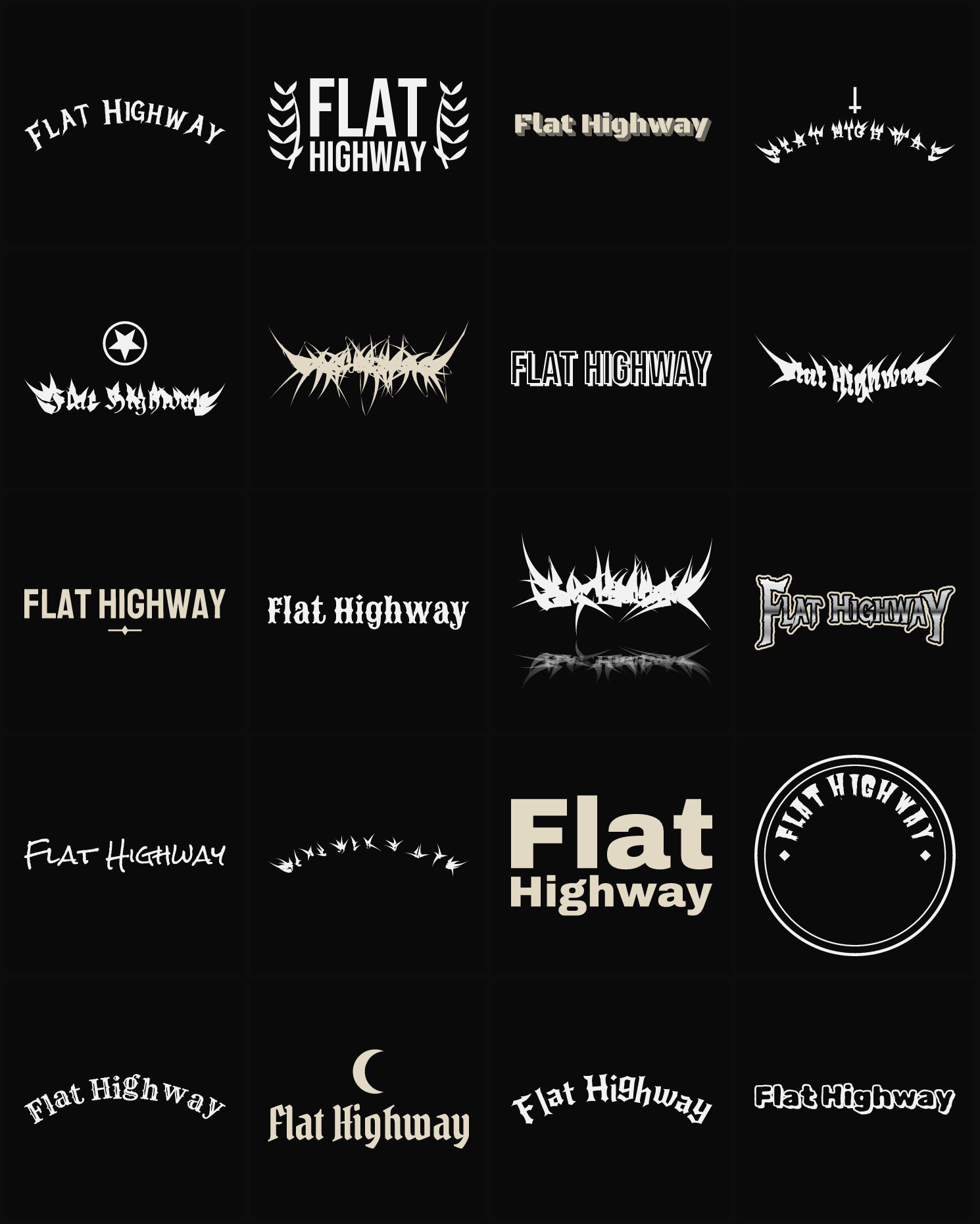 Twenty Flat Highway band logo ideas — different faces, treatments and spike settings