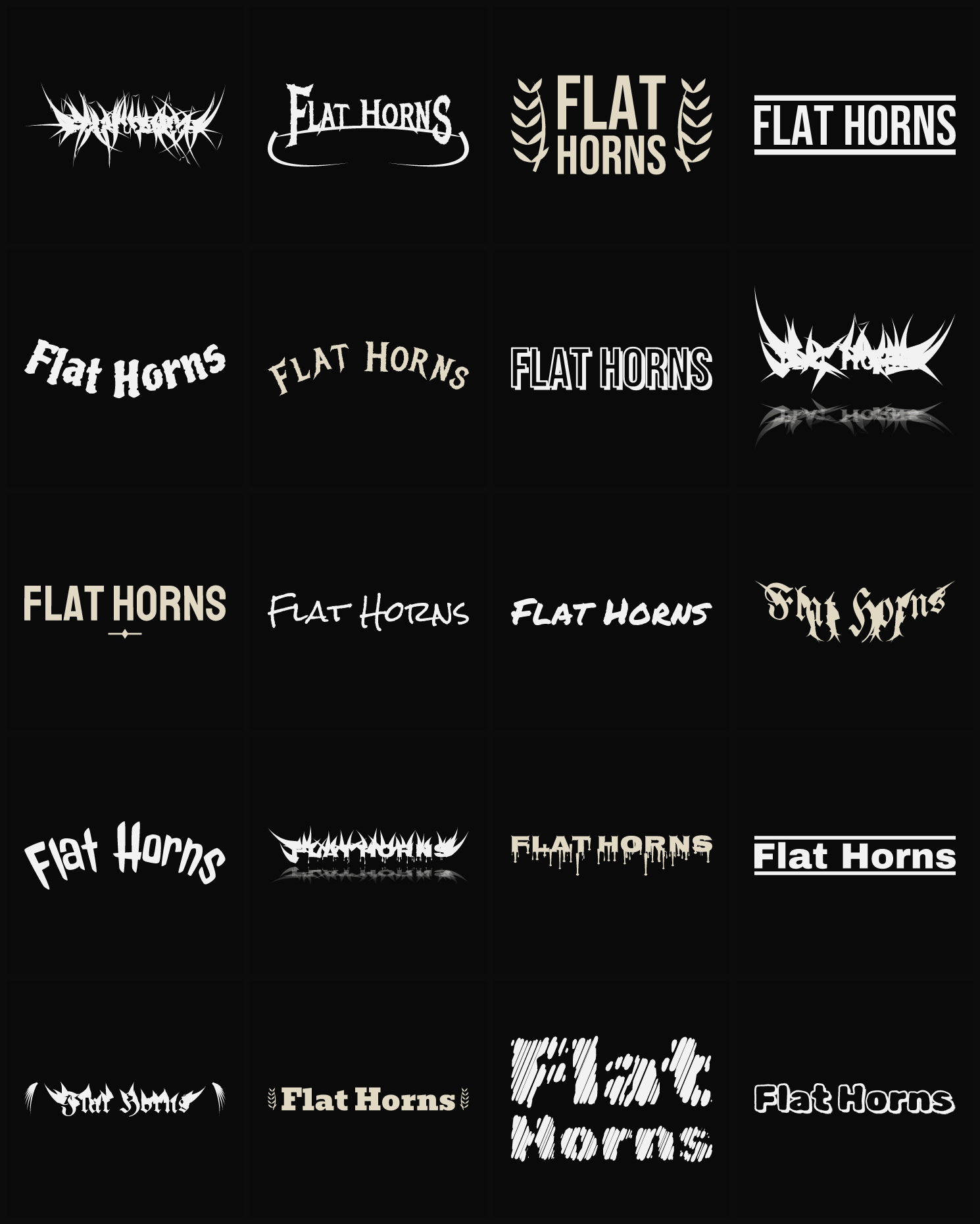 Twenty Flat Horns band logo ideas — different faces, treatments and spike settings