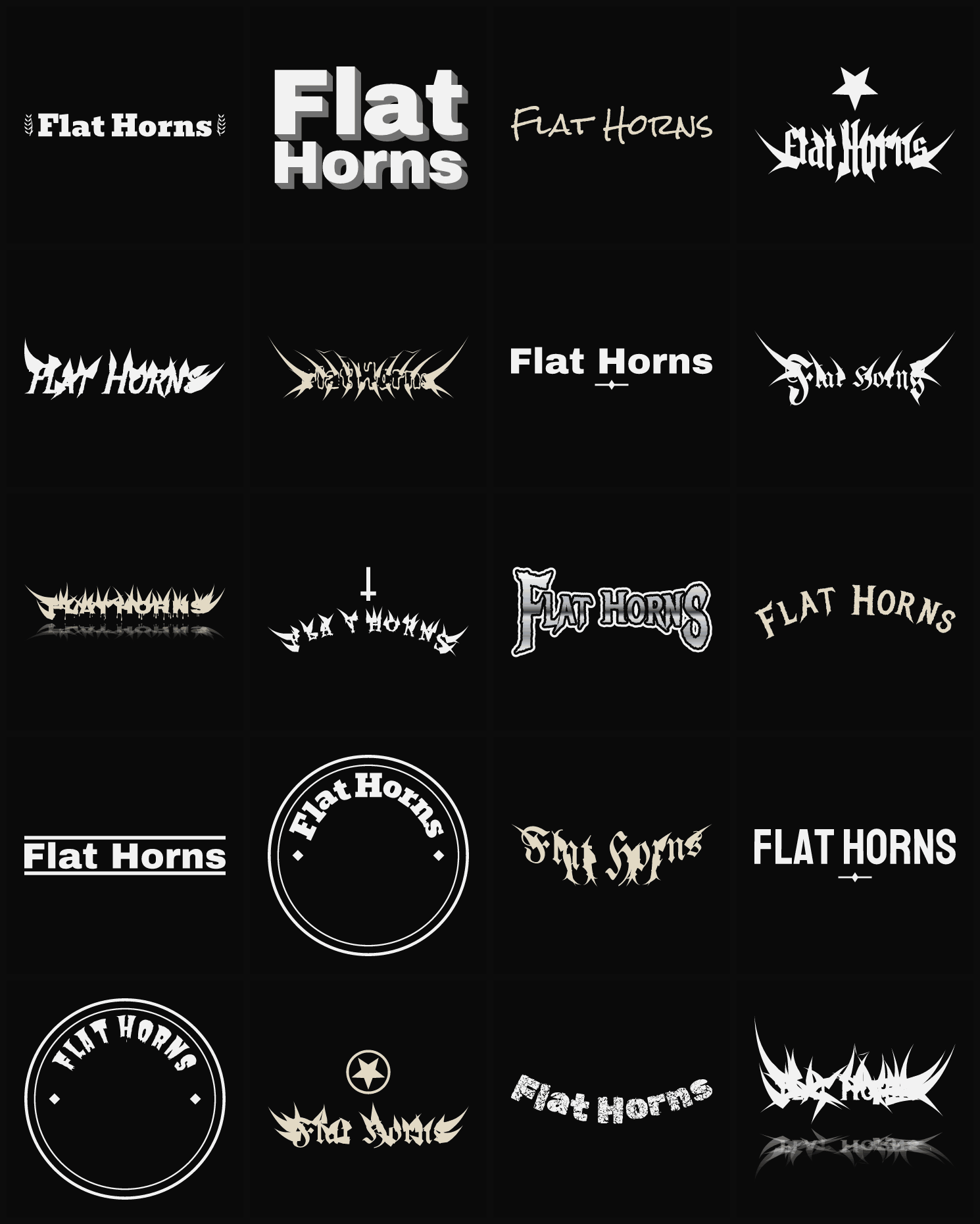 Twenty Flat Horns band logo ideas — different faces, treatments and spike settings