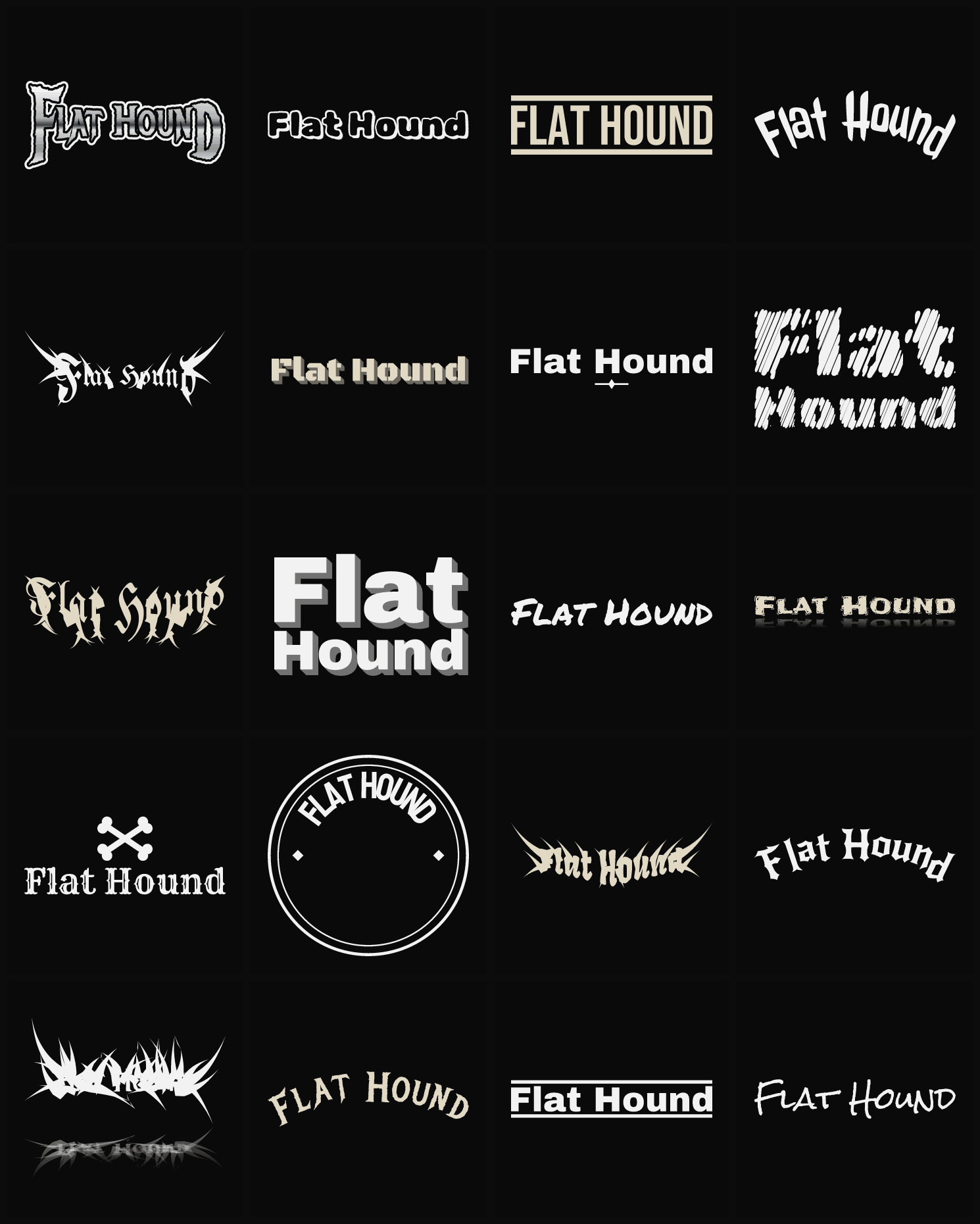 Twenty Flat Hound band logo ideas — different faces, treatments and spike settings