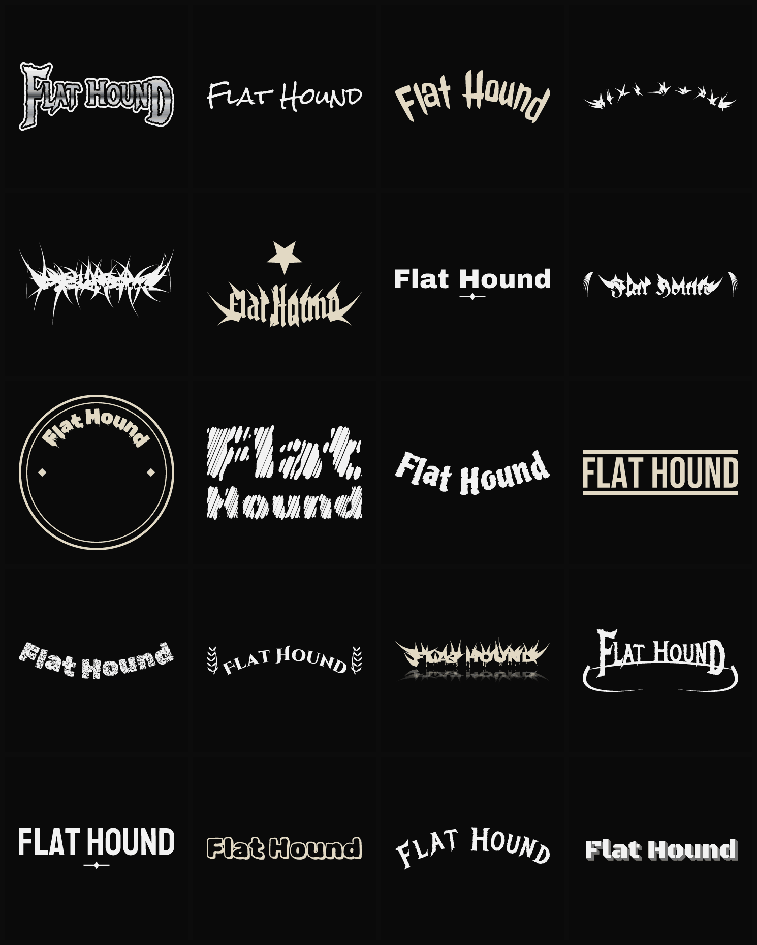 Twenty Flat Hound band logo ideas — different faces, treatments and spike settings